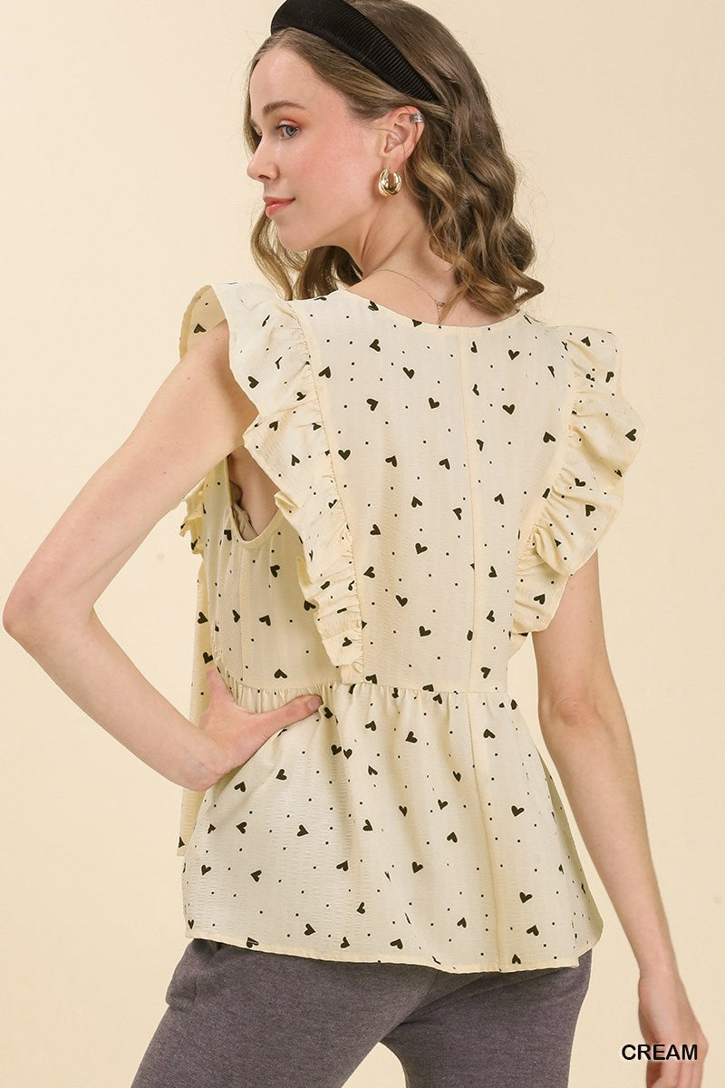 Cream Sleeveless Babydoll V-Neck Heart Print Top