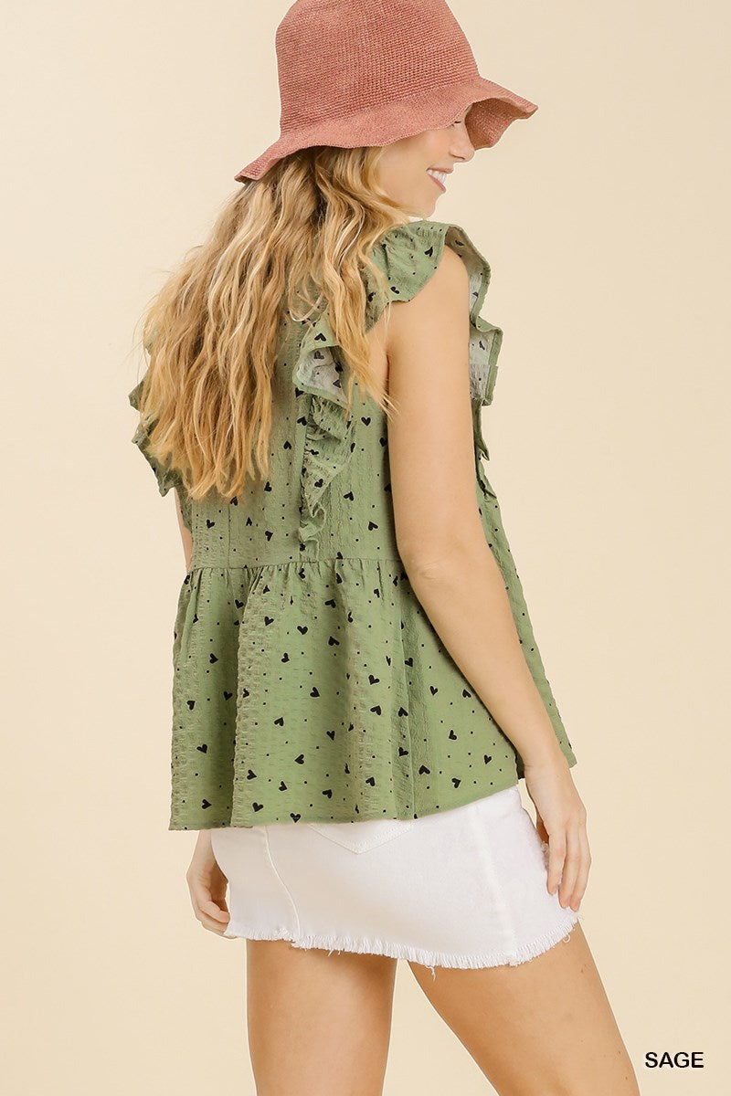 Sage Sleeveless Babydoll V-Neck Heart Print Top