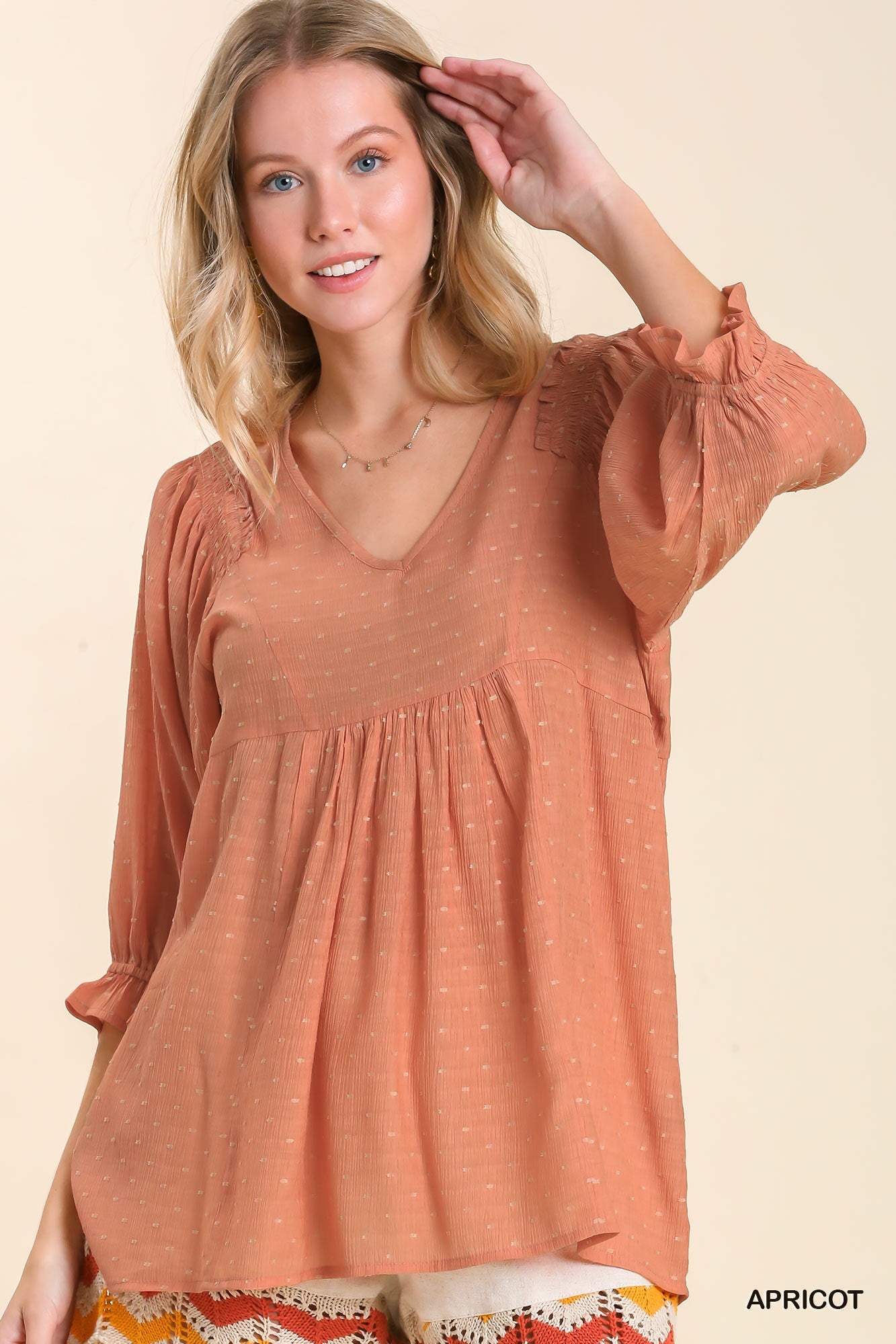 Apricot Swiss Dot Top with Ruffle Trim