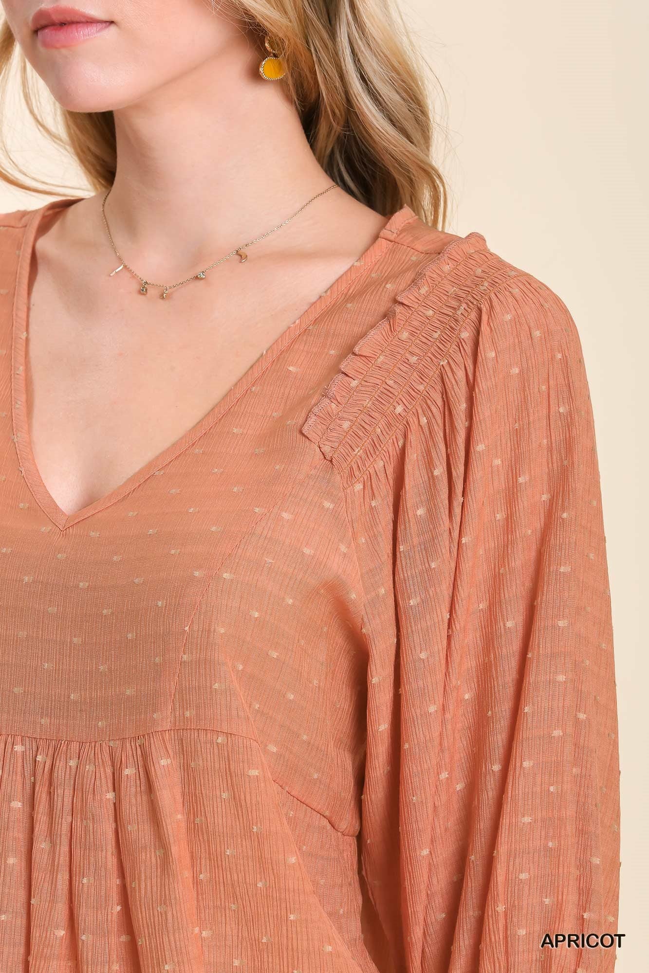 Apricot Swiss Dot Top with Ruffle Trim