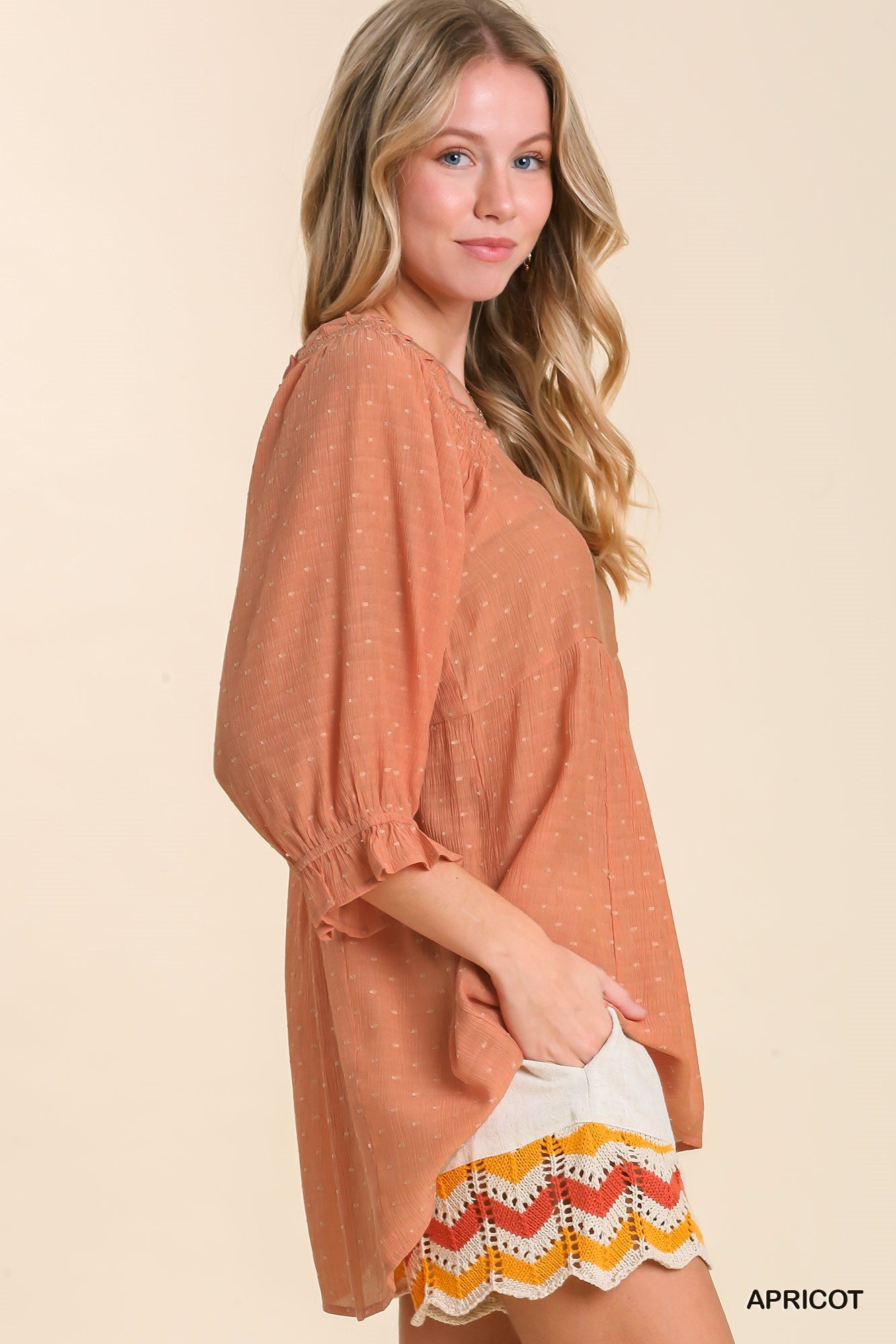 Apricot Swiss Dot Top with Ruffle Trim