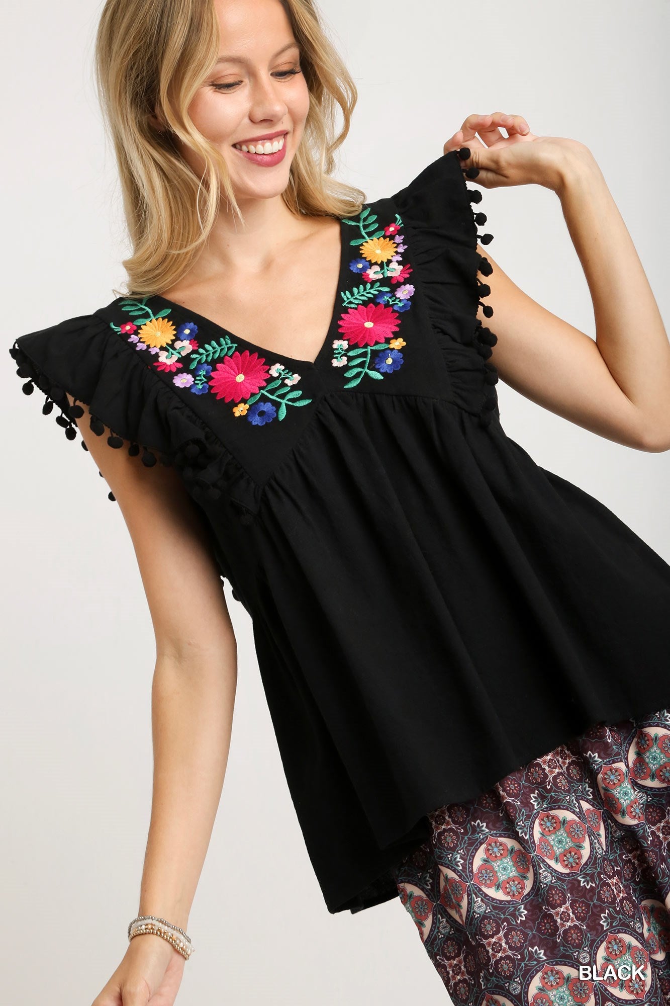 Black Floral Embroidery Top with Pom Pom Details