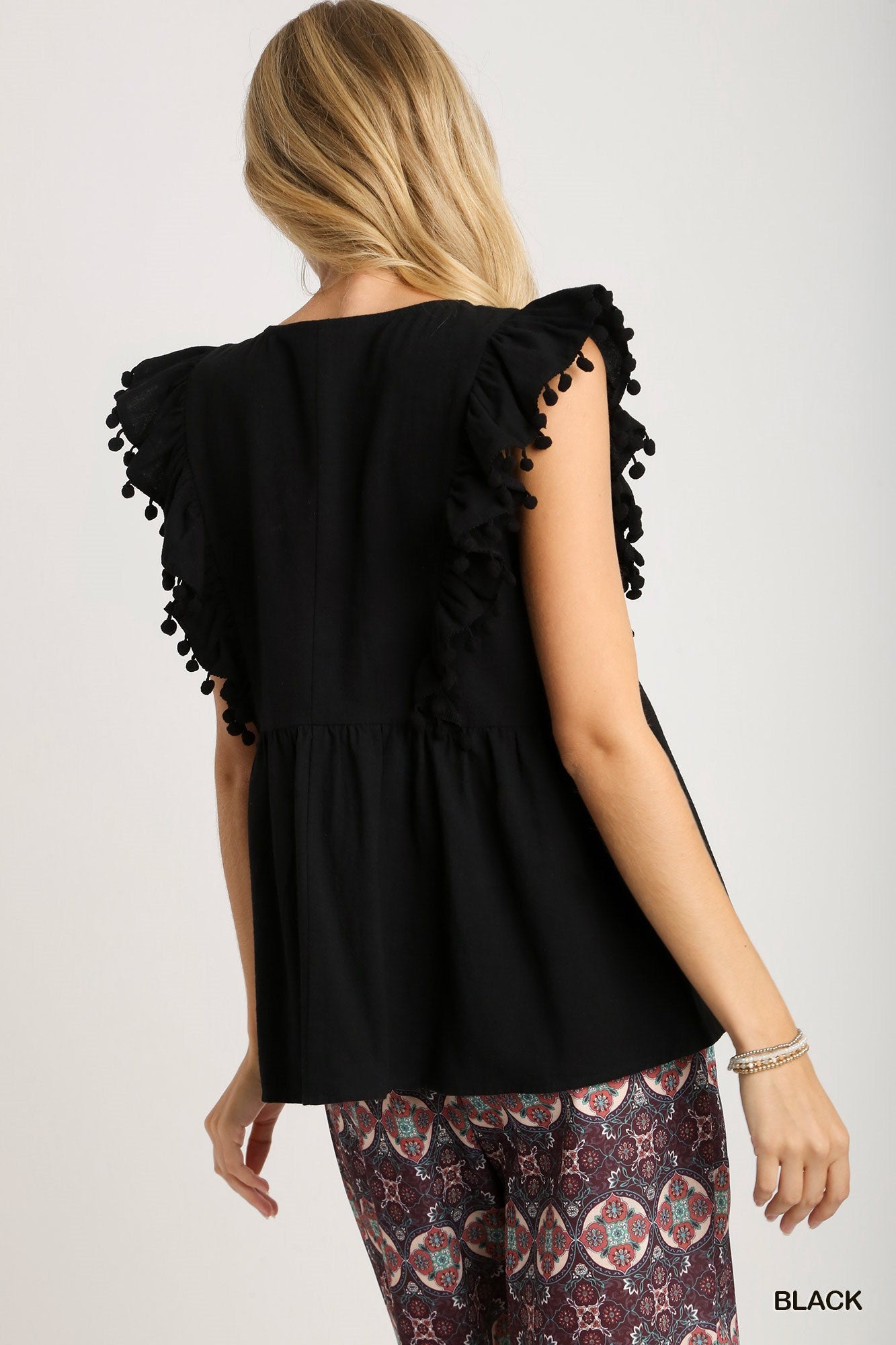 Black Floral Embroidery Top with Pom Pom Details