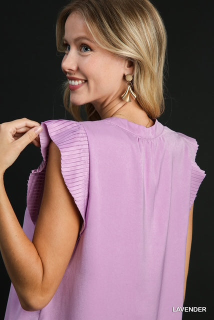 Lavender Pleated Sleeve Front Neck Tie Top