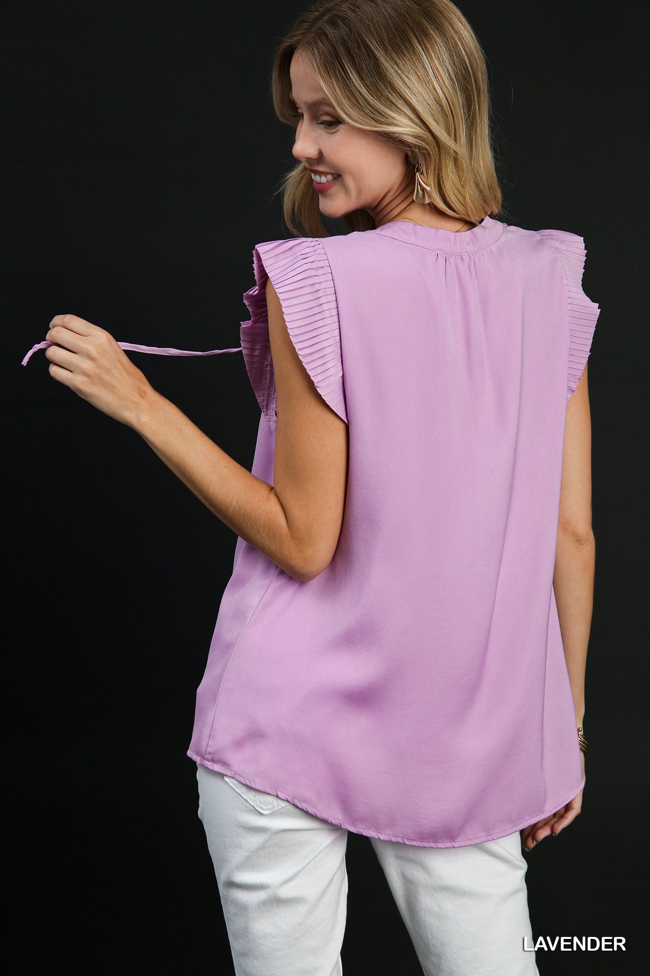 Lavender Pleated Sleeve Front Neck Tie Top