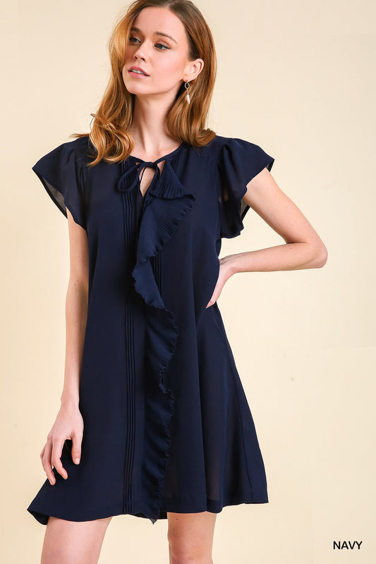 Navy Front Pleated Ruffle Trim Bodice Detail Dress