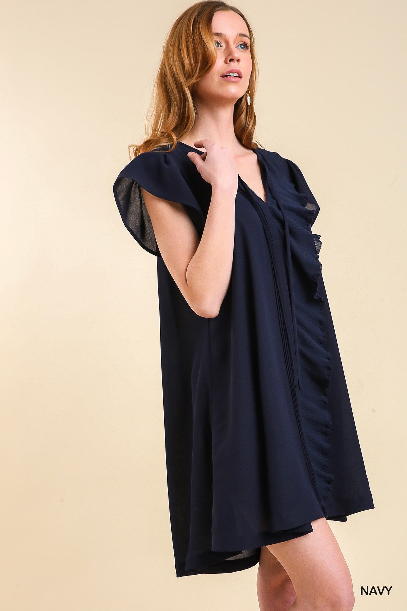 Navy Front Pleated Ruffle Trim Bodice Detail Dress