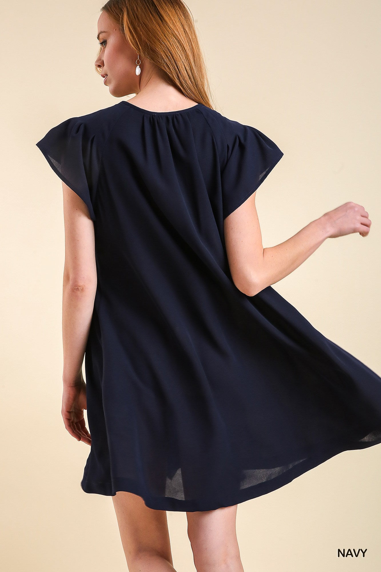 Navy Front Pleated Ruffle Trim Bodice Detail Dress