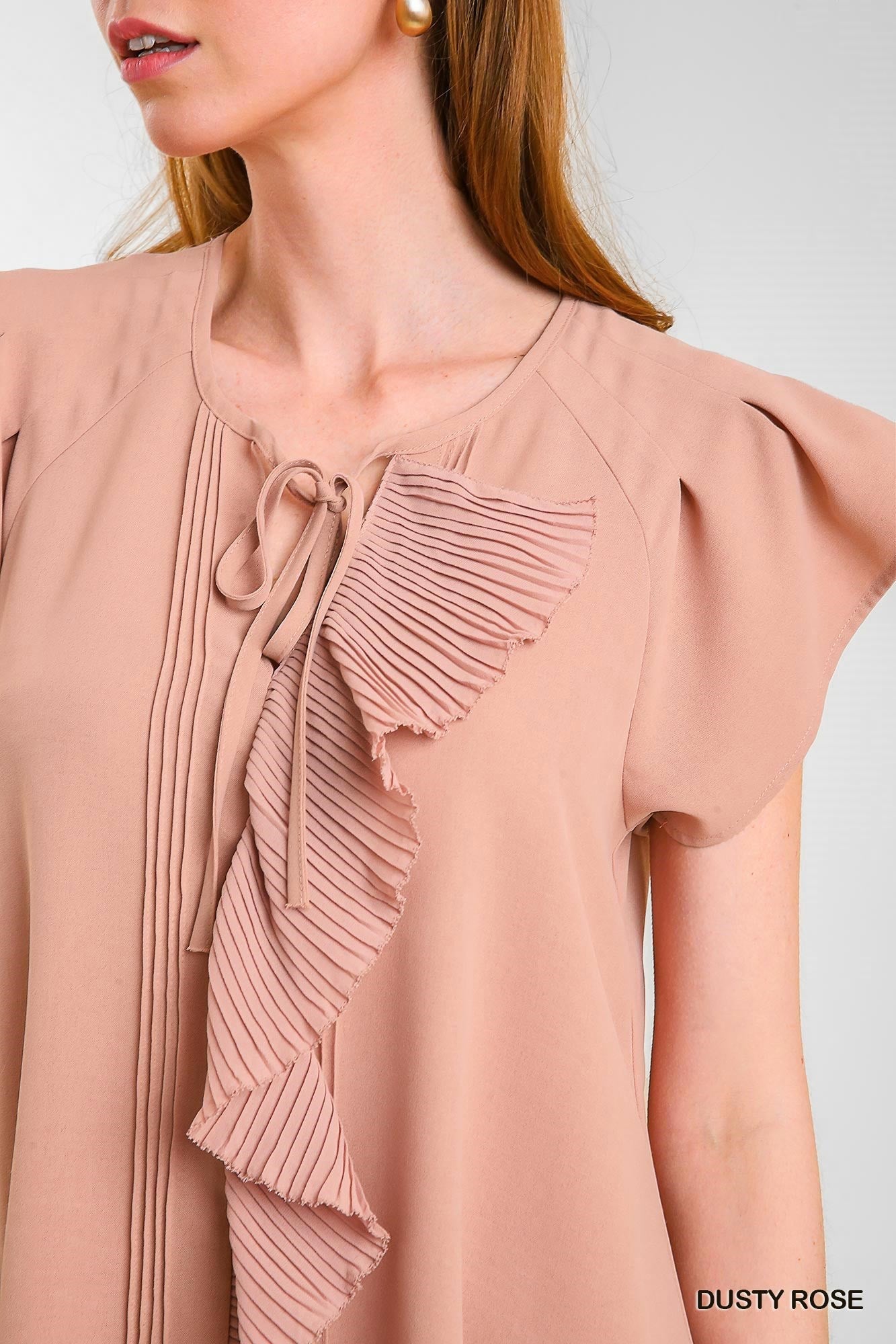 Dusty Rose Front Pleated Ruffle Trim Bodice Detail Dress