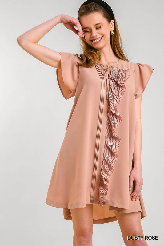 Dusty Rose Front Pleated Ruffle Trim Bodice Detail Dress