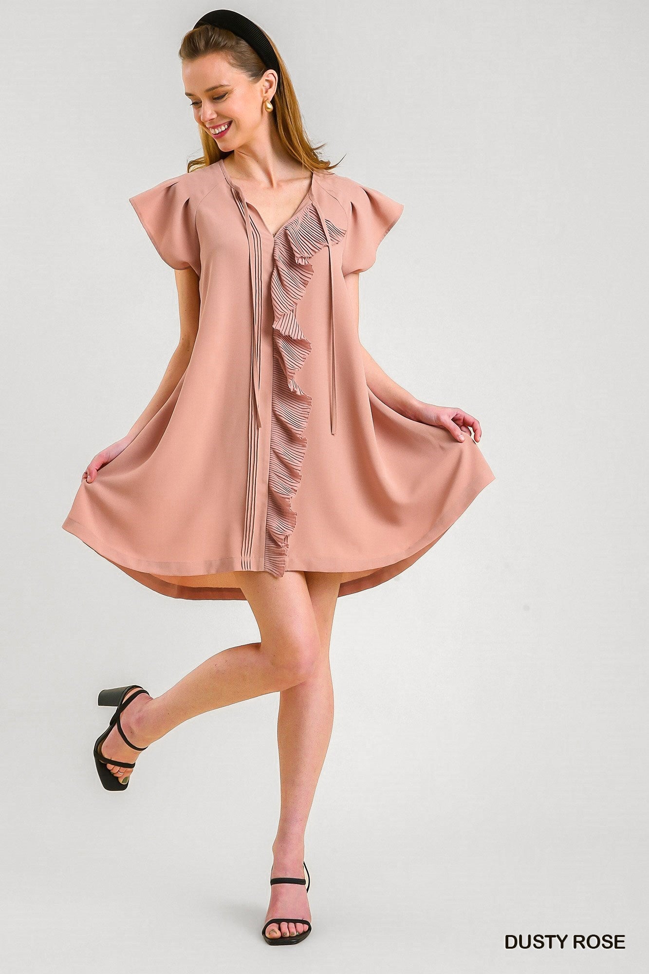Dusty Rose Front Pleated Ruffle Trim Bodice Detail Dress