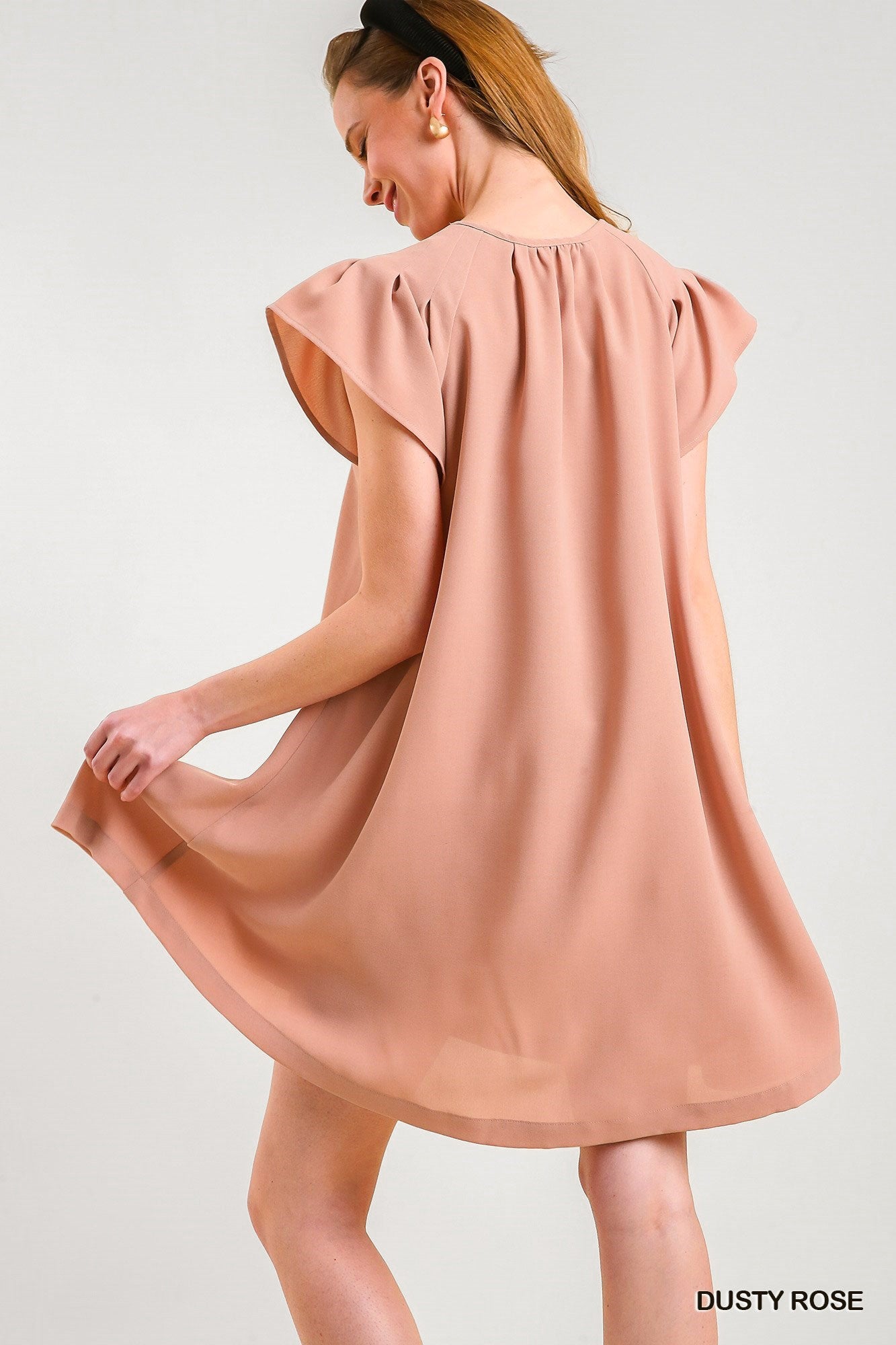 Dusty Rose Front Pleated Ruffle Trim Bodice Detail Dress