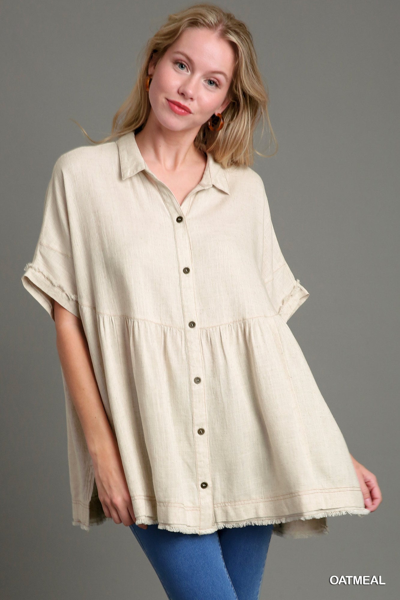 Oatmeal Linen Collared Button Up Top