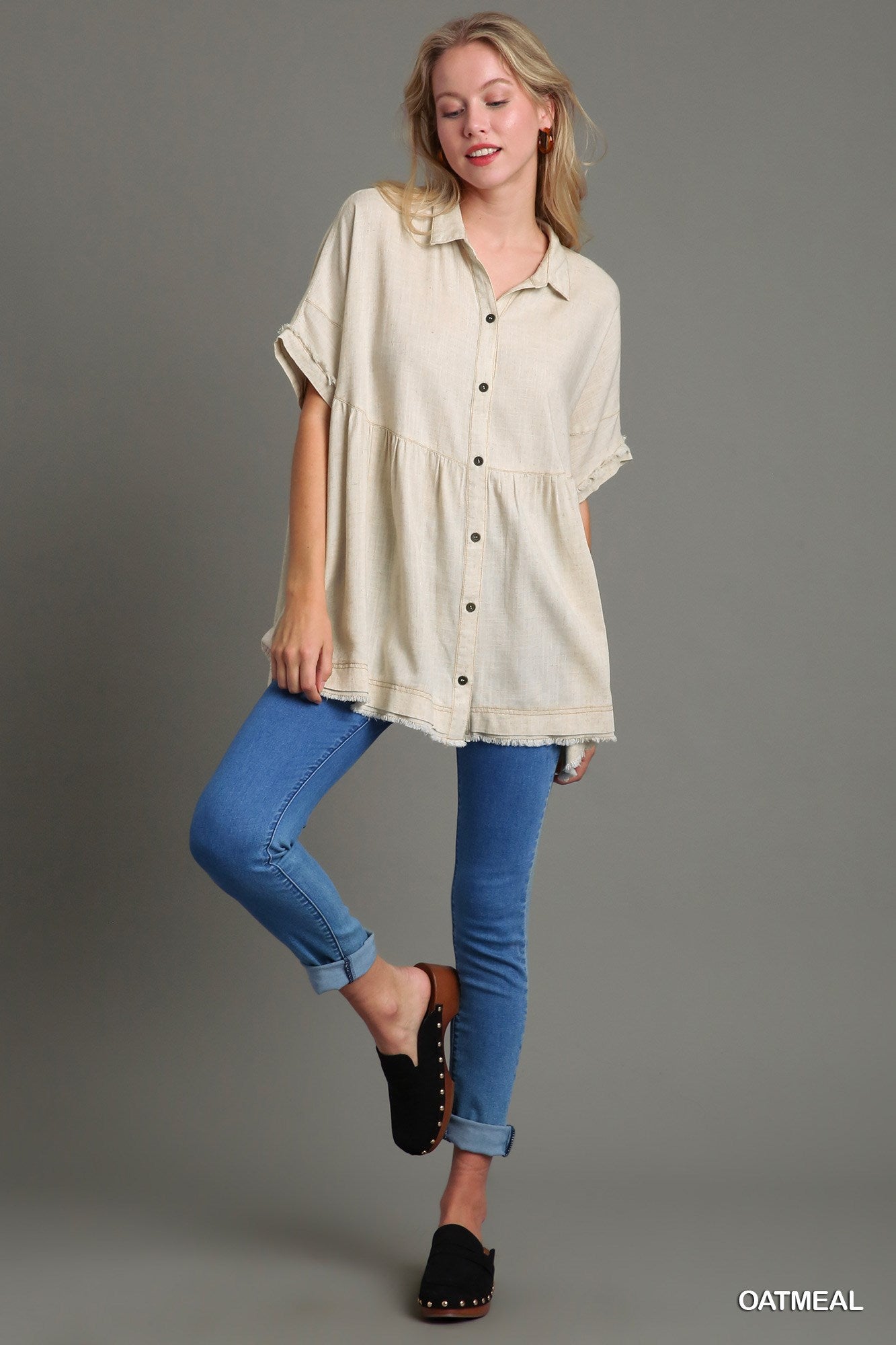 Oatmeal Linen Collared Button Up Top