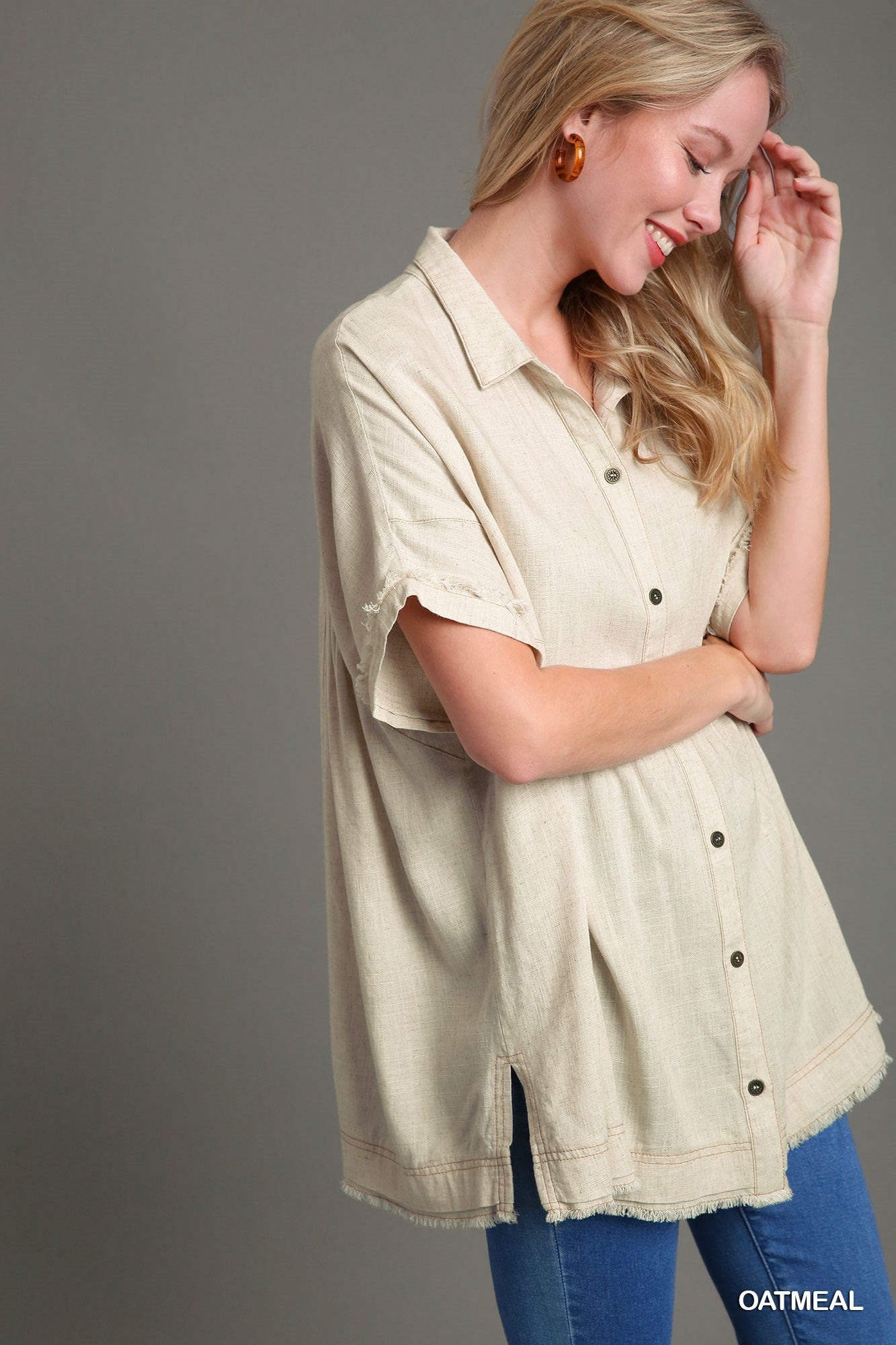 Oatmeal Linen Collared Button Up Top