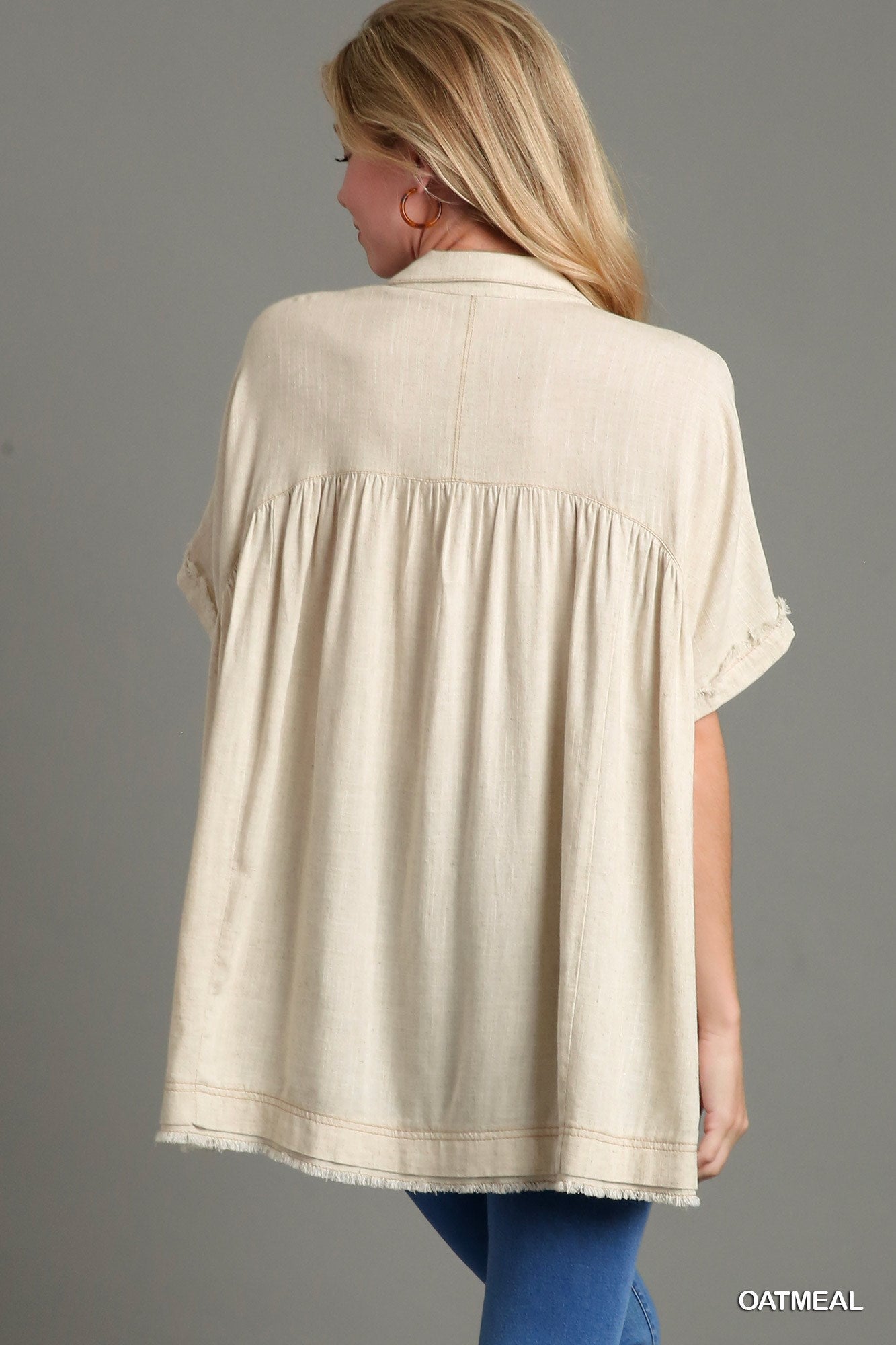 Oatmeal Linen Collared Button Up Top