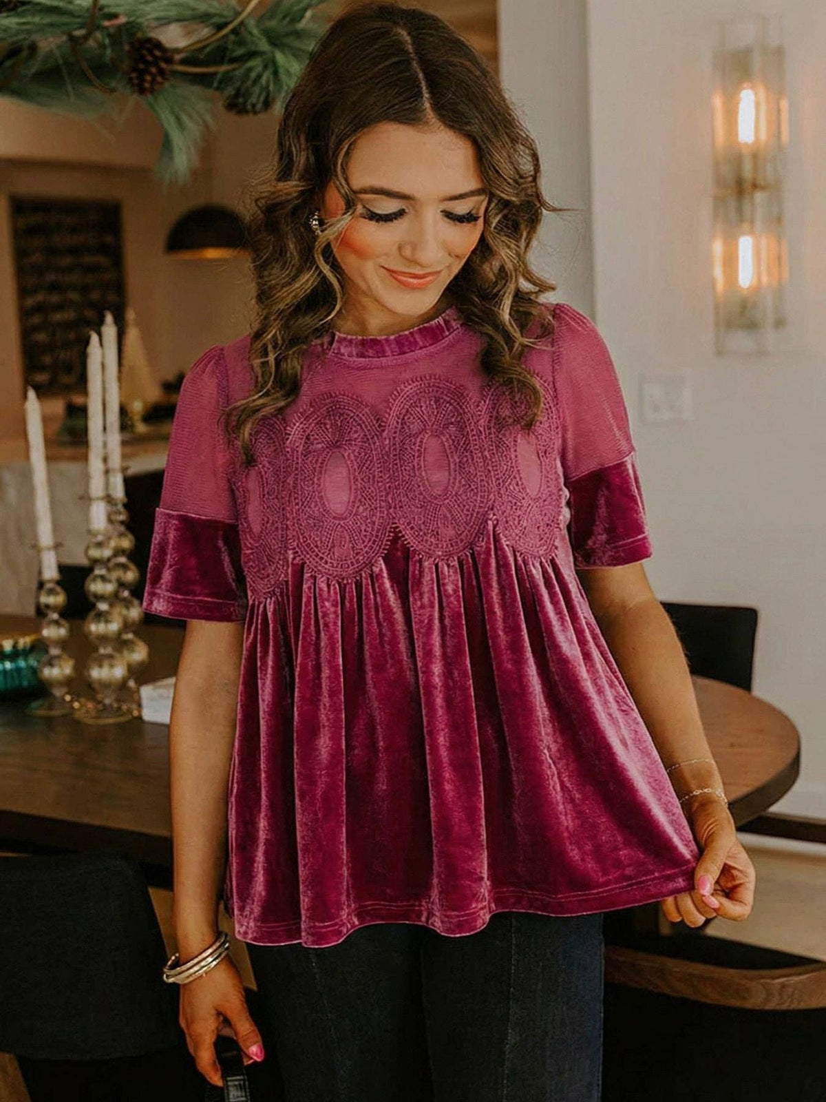 Wine Velvet Top with Lace & Embroidered Trim Gold Velvet Puff Sleeve Blouse