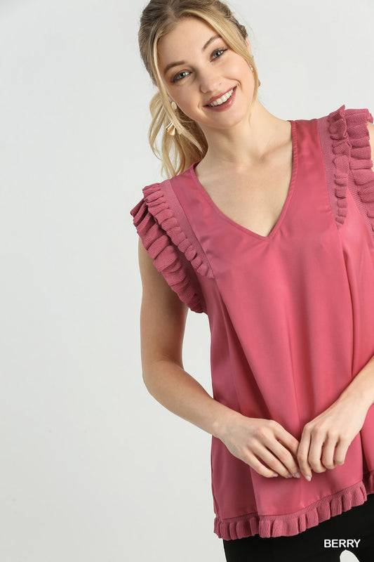 Berry Mixed Media Top & Double Ruffle Layered Sleeves