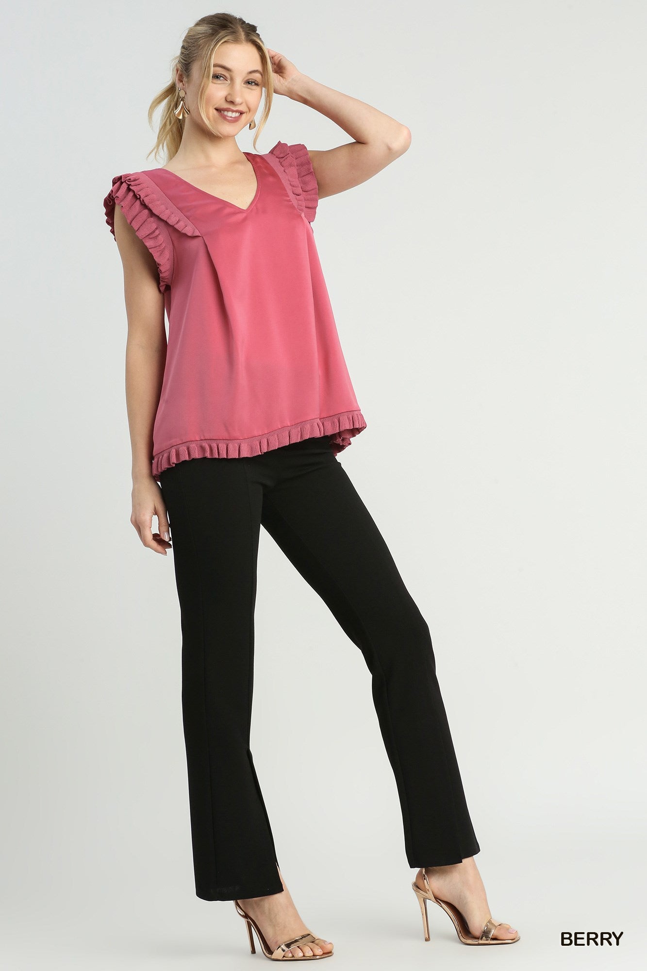 Berry Mixed Media Top & Double Ruffle Layered Sleeves