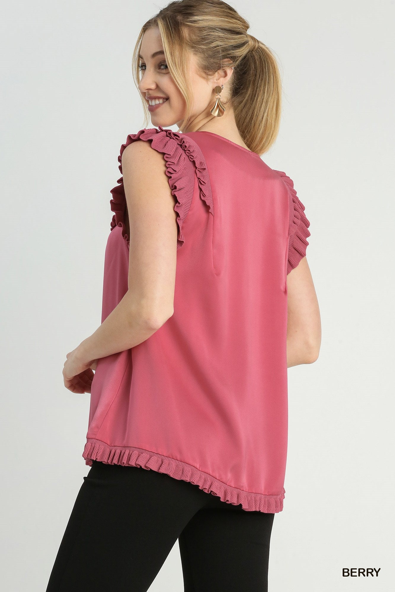 Berry Mixed Media Top & Double Ruffle Layered Sleeves