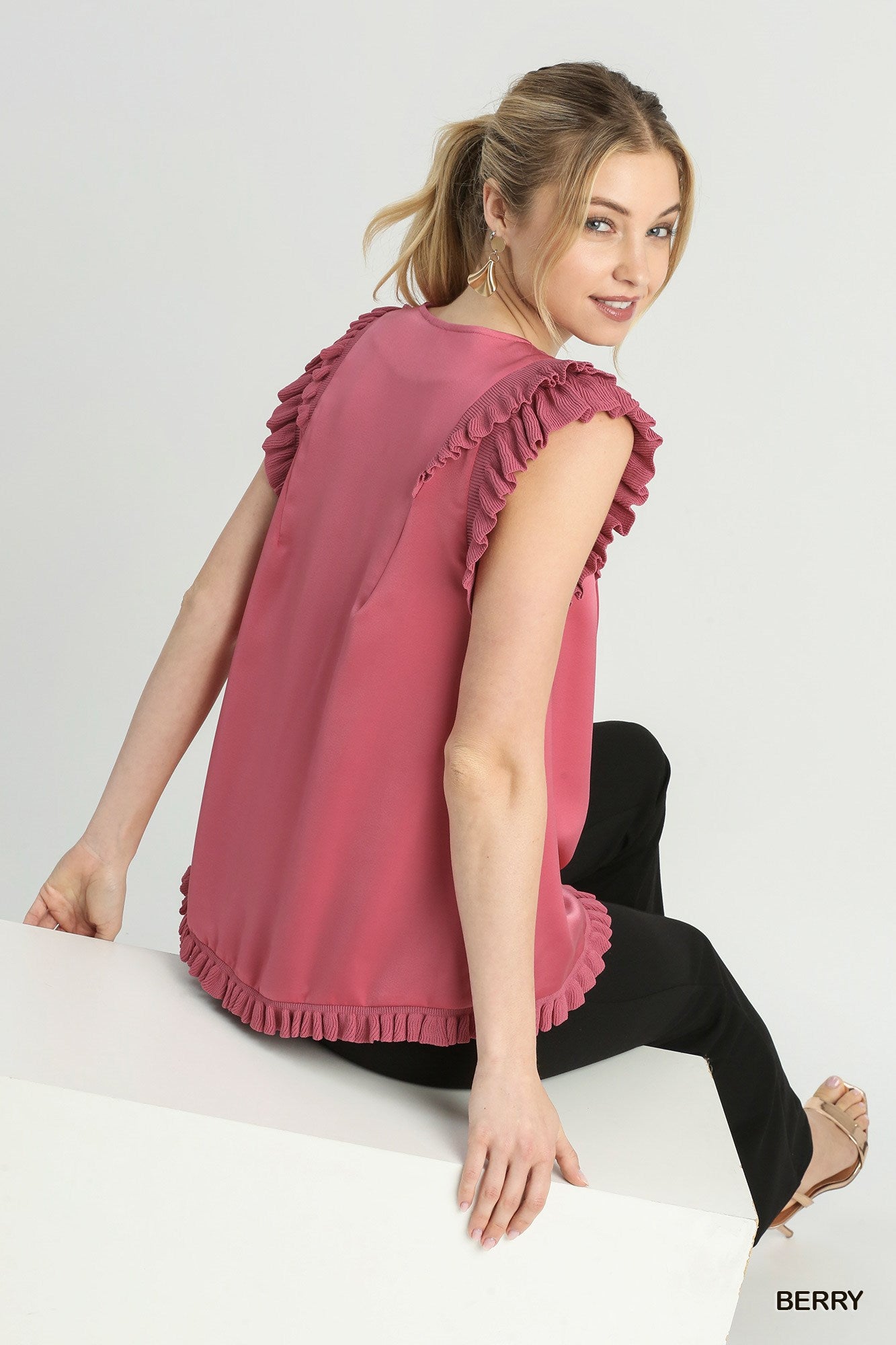 Berry Mixed Media Top & Double Ruffle Layered Sleeves