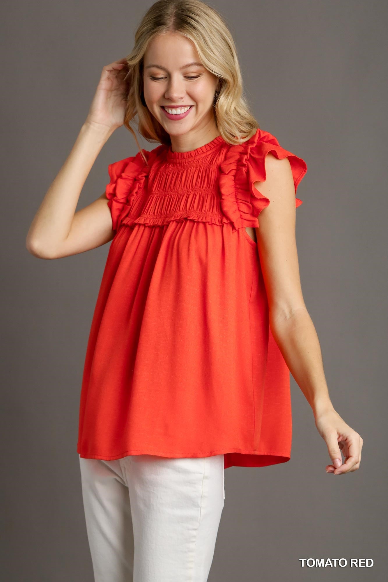Tomato Red Smocked Ruffle Top