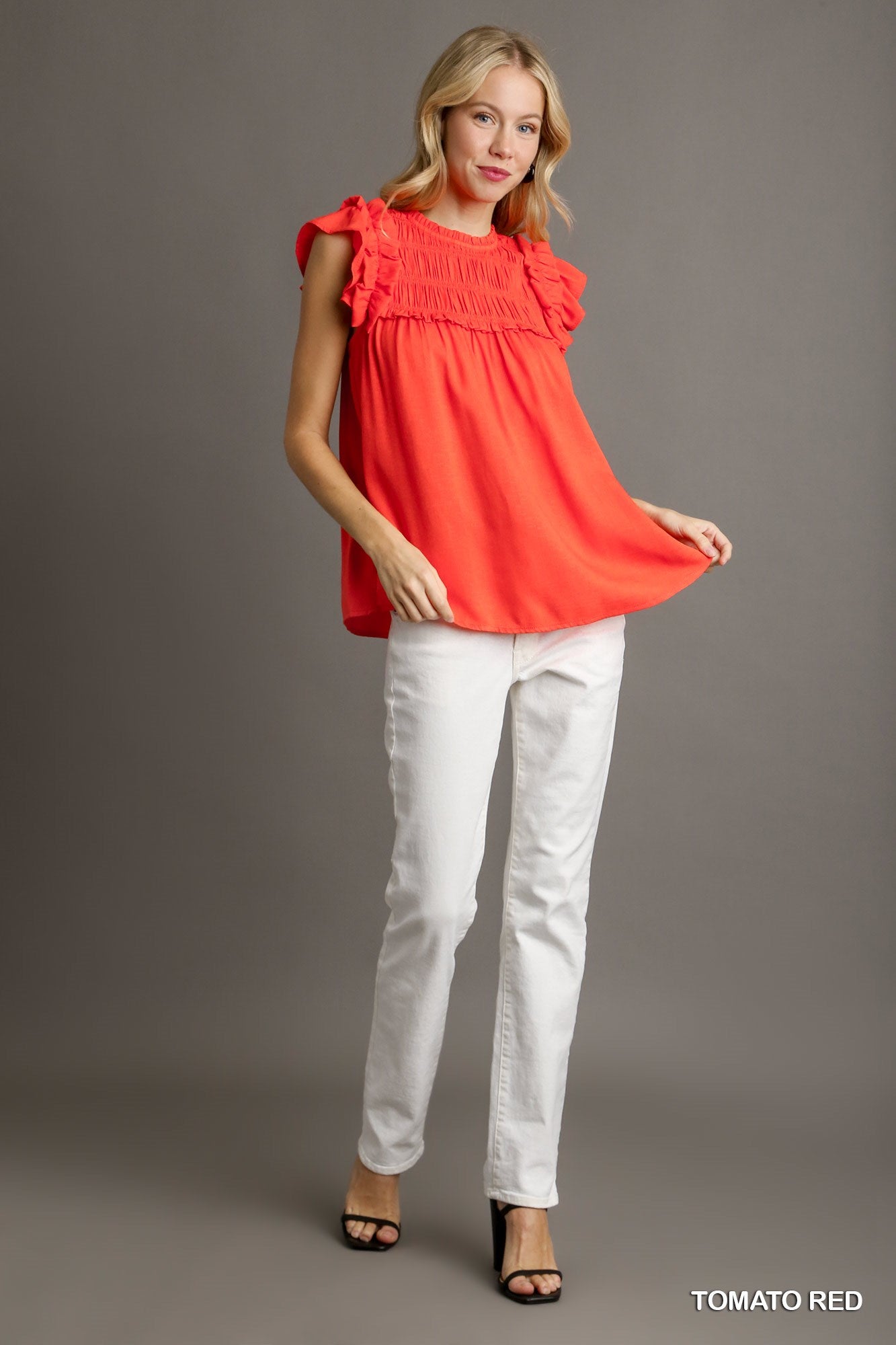 Tomato Red Smocked Ruffle Top