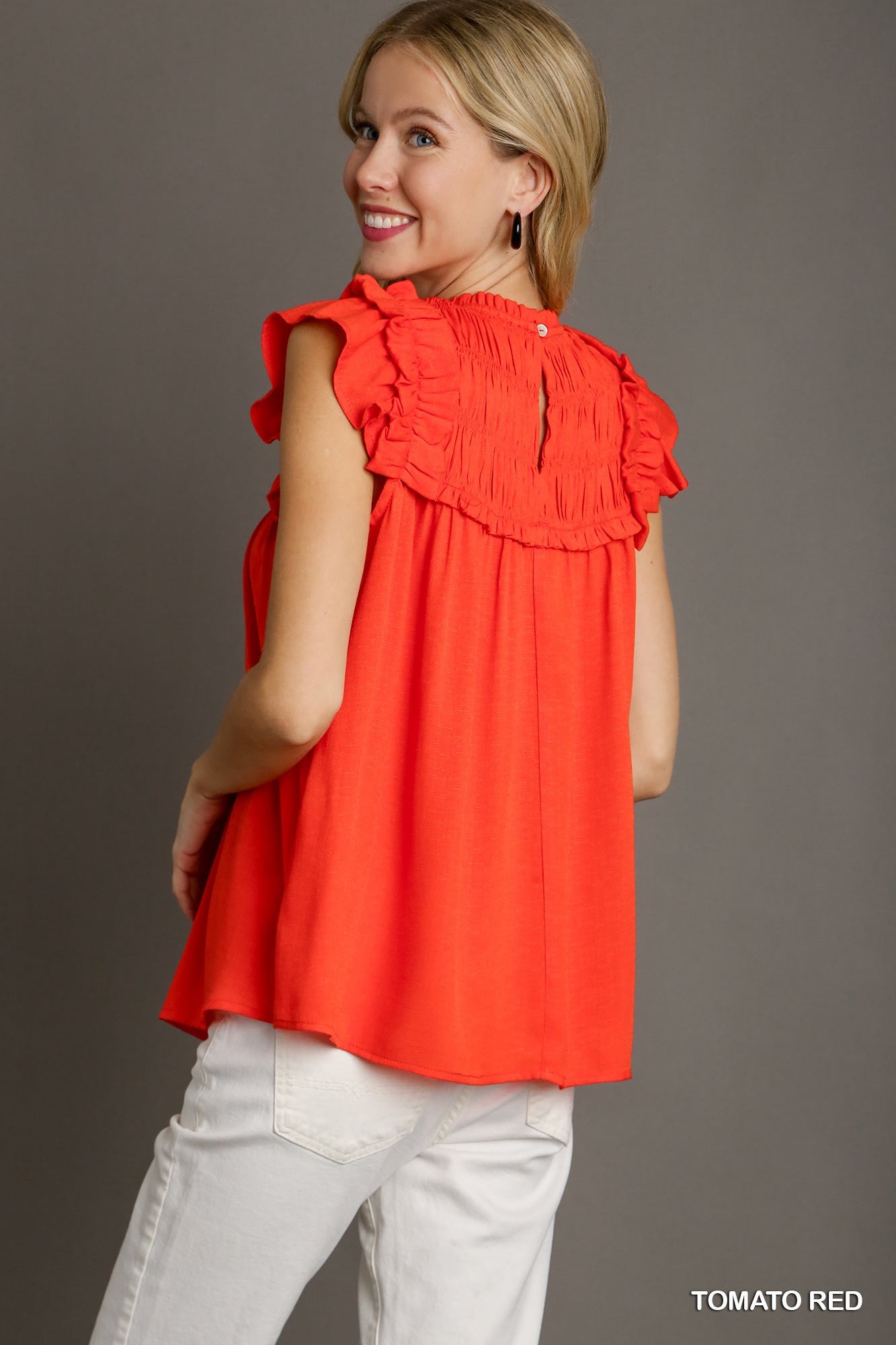 Tomato Red Smocked Ruffle Top