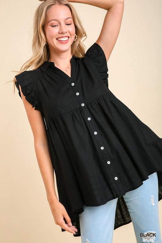 Black Collared Button Down Linen Tunic Top