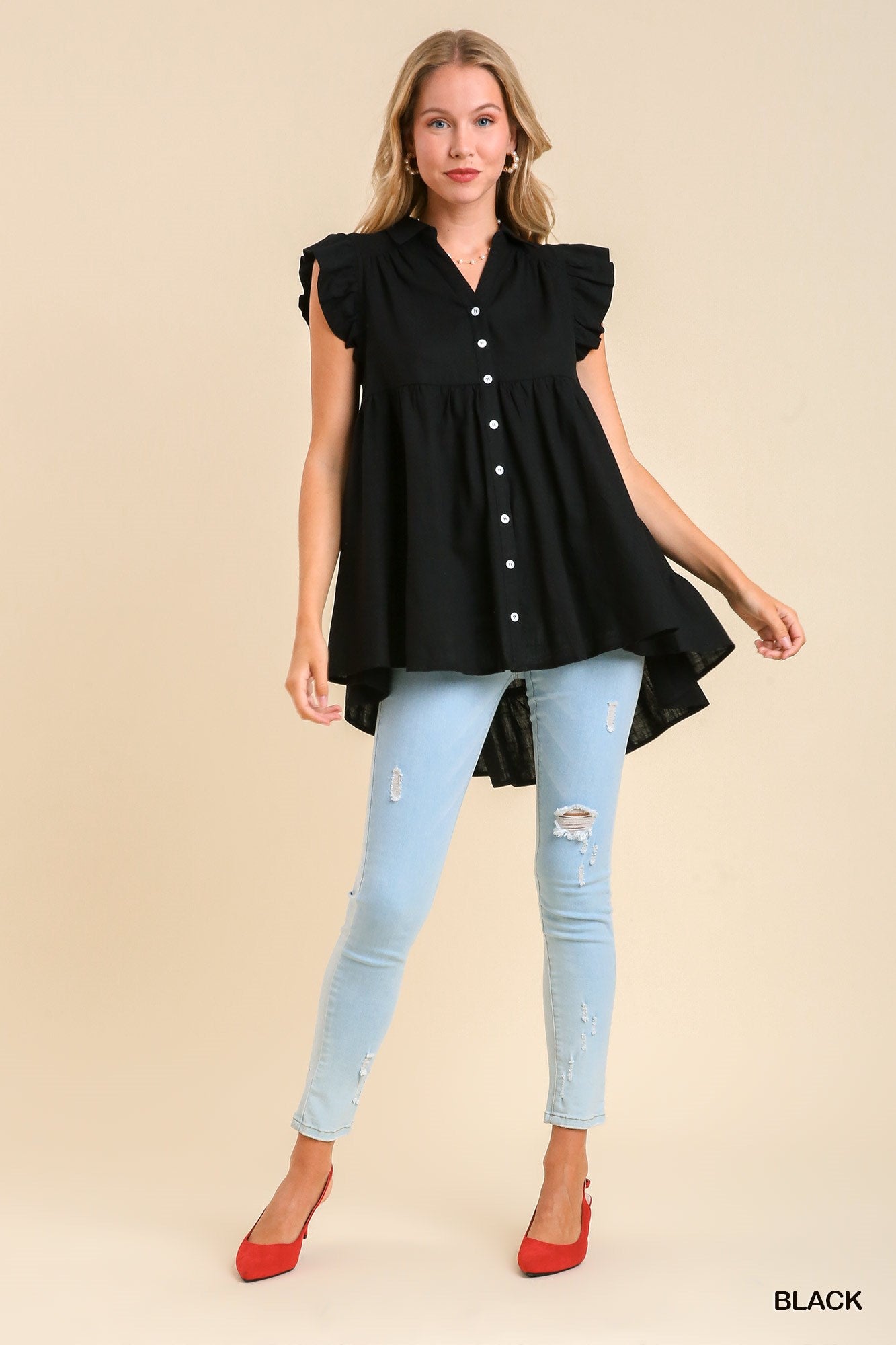 Black Collared Button Down Linen Tunic Top