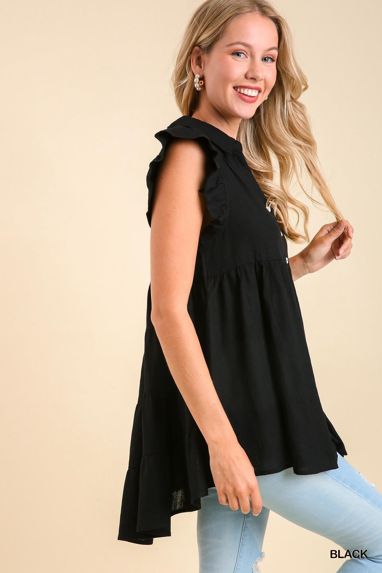 Black Collared Button Down Linen Tunic Top