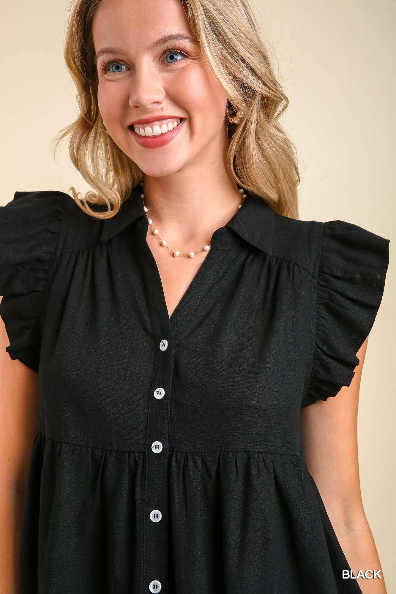 Black Collared Button Down Linen Tunic Top