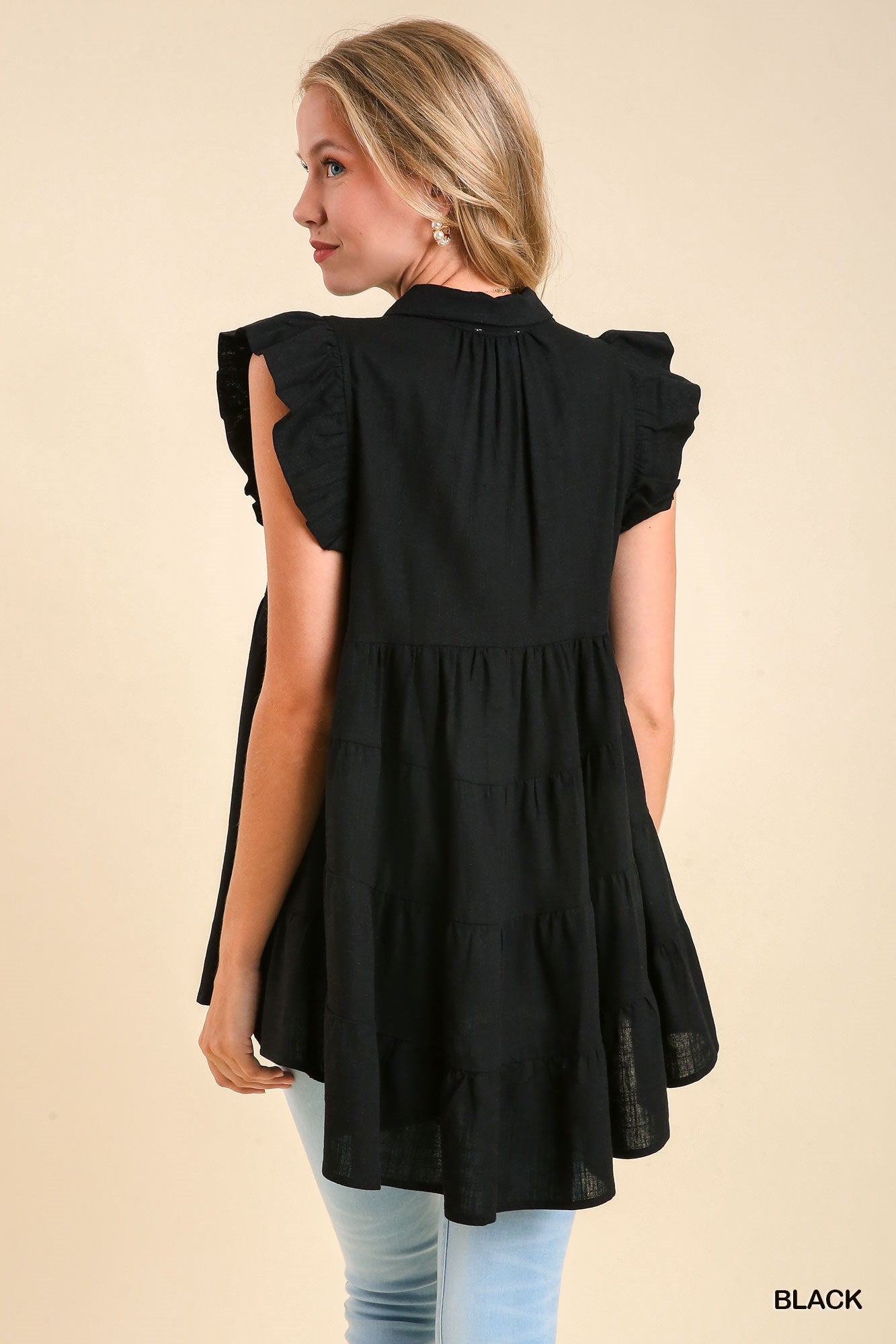 Black Collared Button Down Linen Tunic Top
