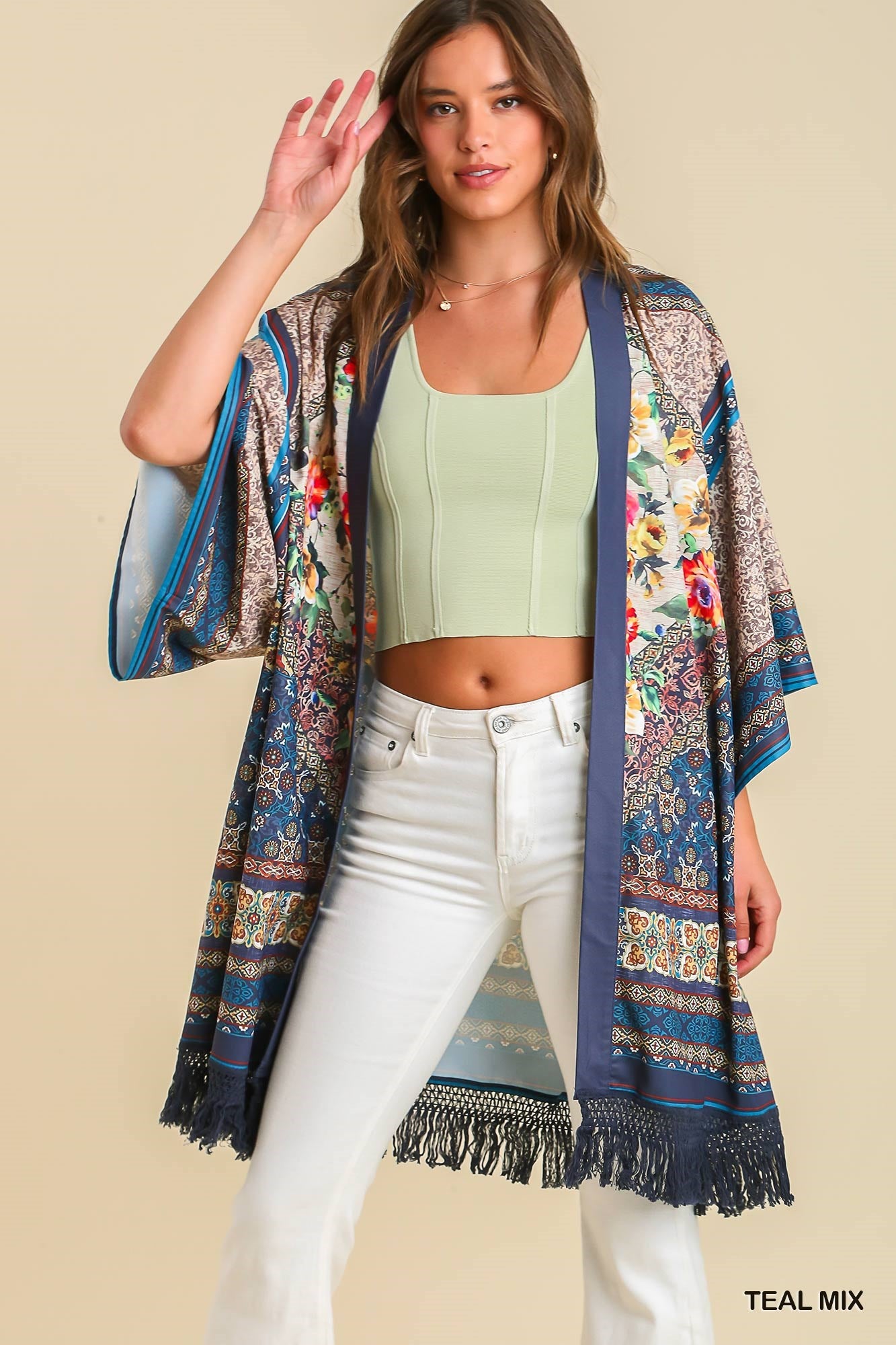 Teal Mix Open Front Print Kimono with Fringe Details