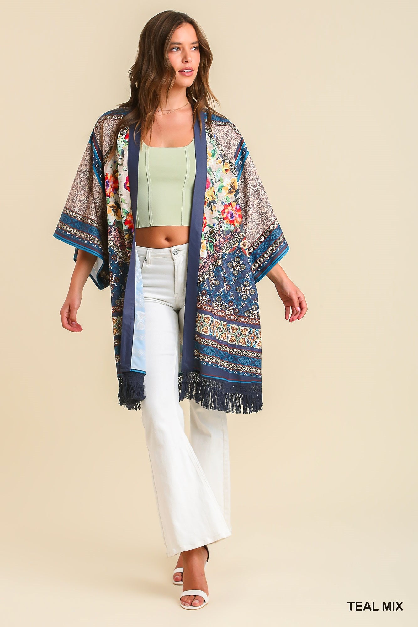 Teal Mix Open Front Print Kimono with Fringe Details