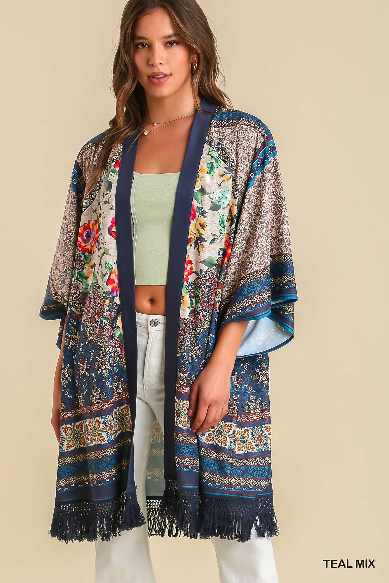 Teal Mix Open Front Print Kimono with Fringe Details