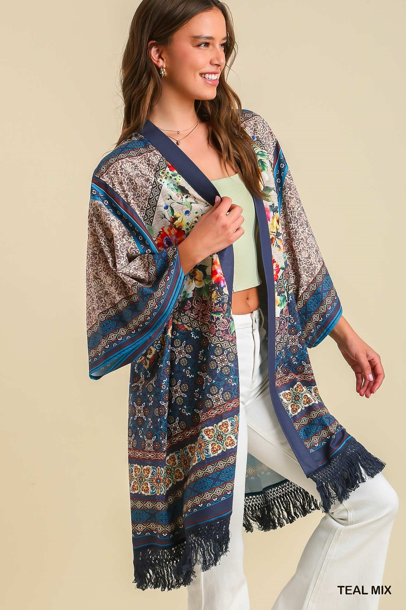 Teal Mix Open Front Print Kimono with Fringe Details