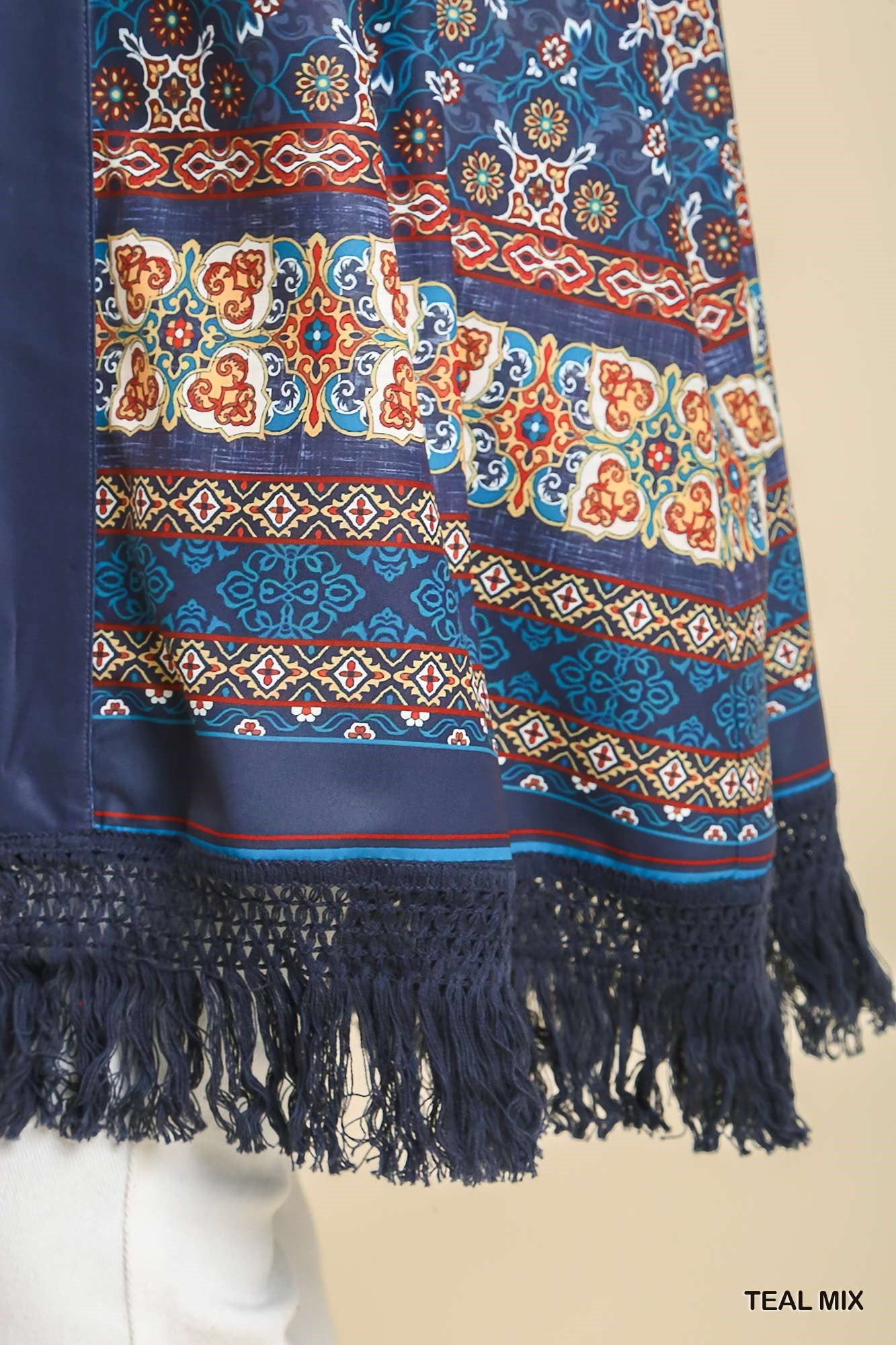 Teal Mix Open Front Print Kimono with Fringe Details