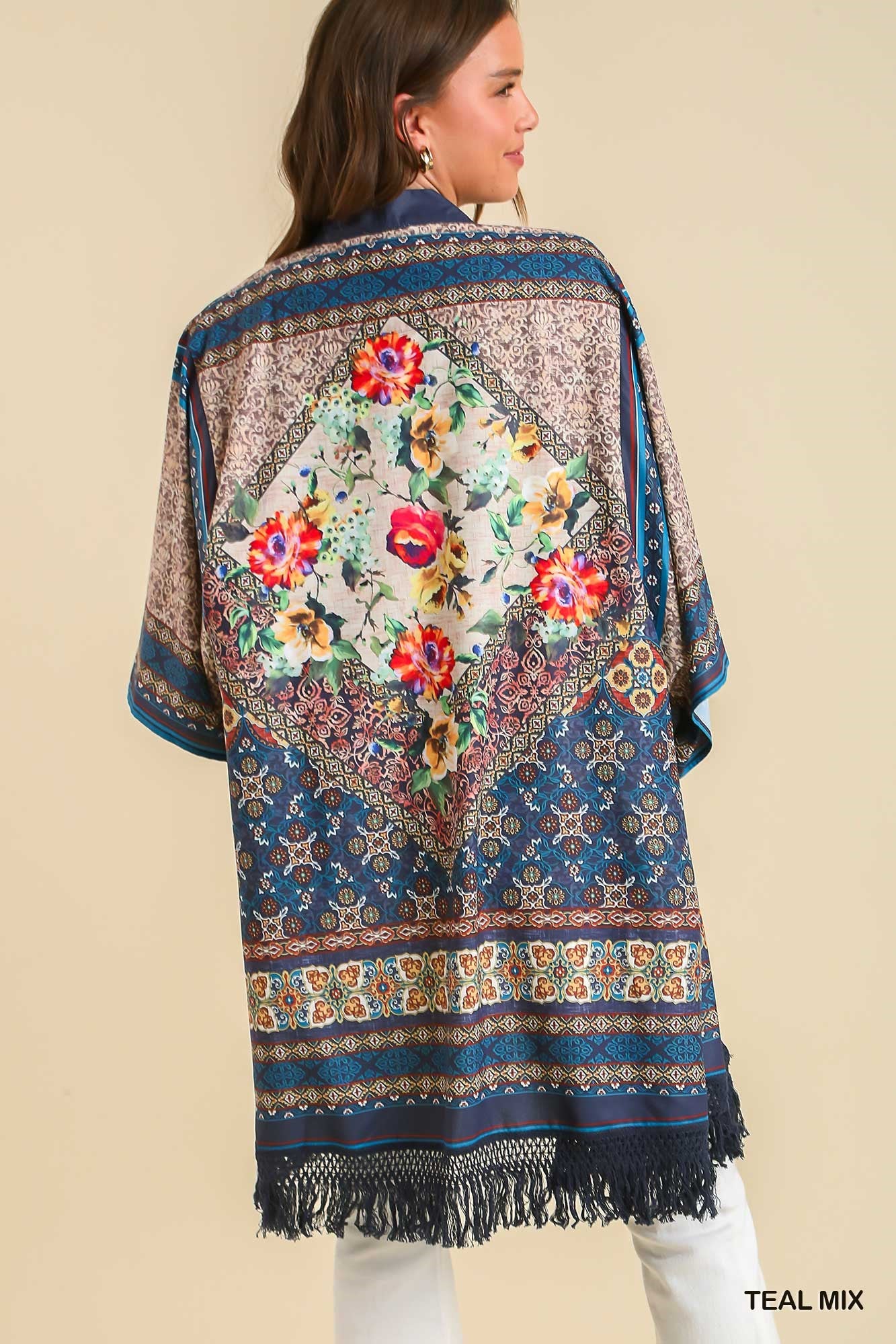 Teal Mix Open Front Print Kimono with Fringe Details