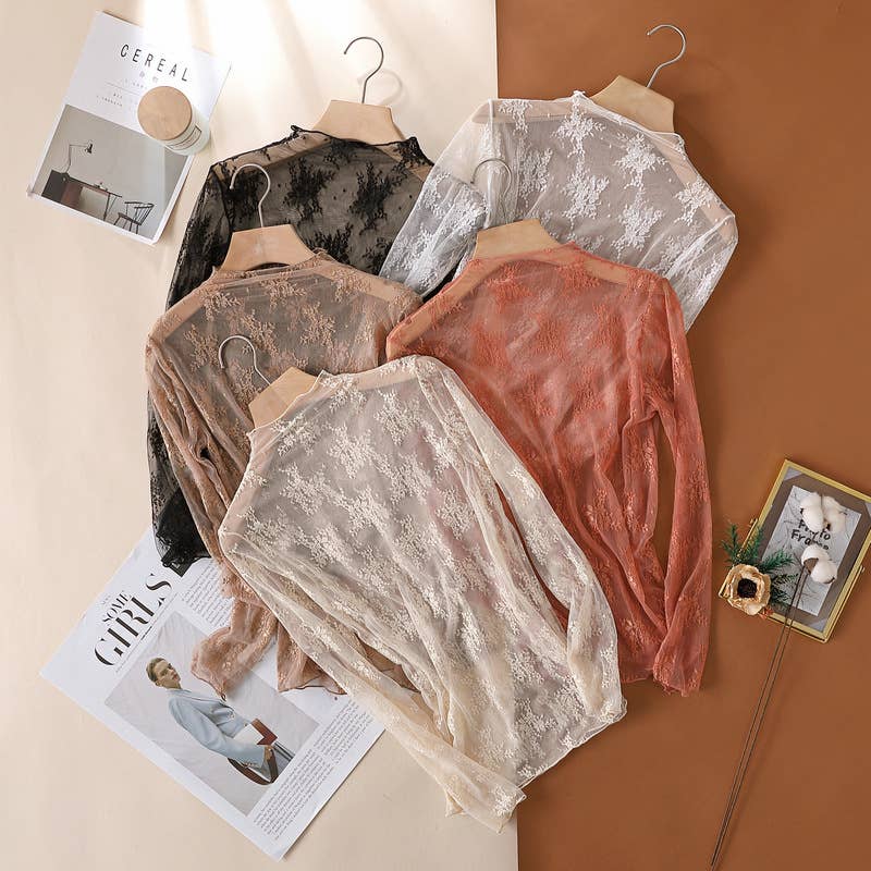 Beige Semi Sheer Mesh Floral Lace Layering Top