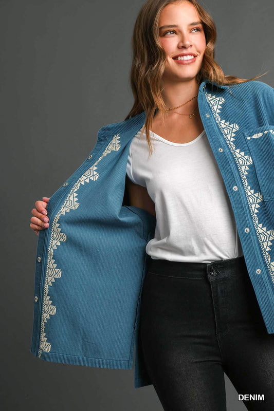 Blue Corduroy Embroidered Shacket