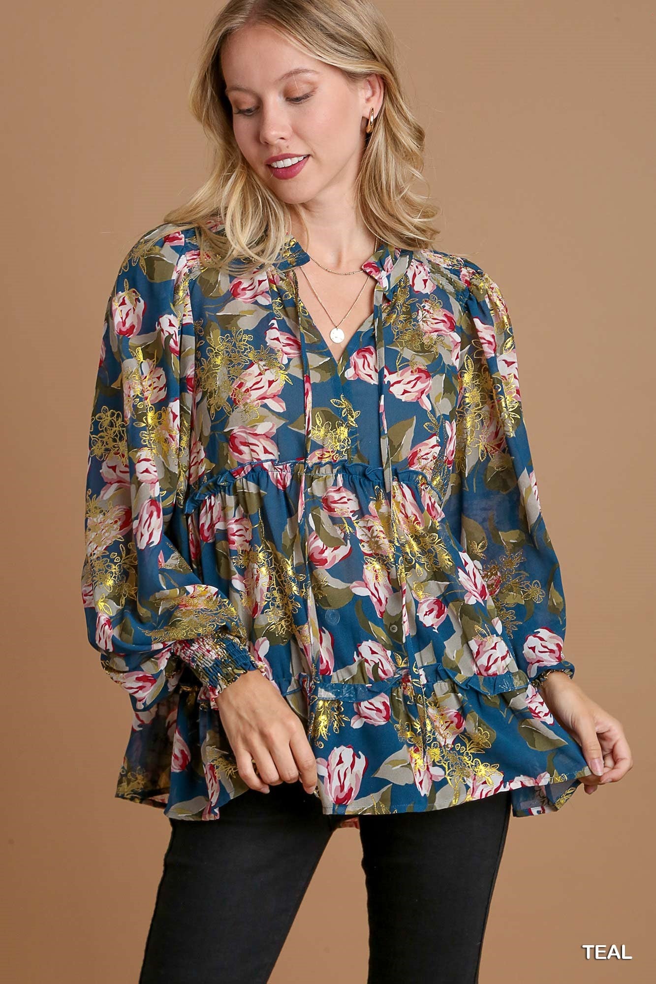 Teal Gold Foil Floral Printed Top with Tassels