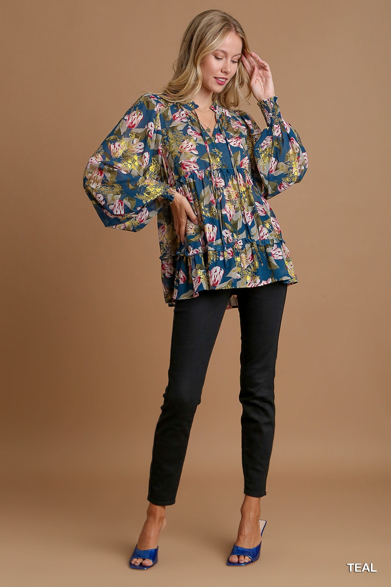 Teal Gold Foil Floral Printed Top with Tassels