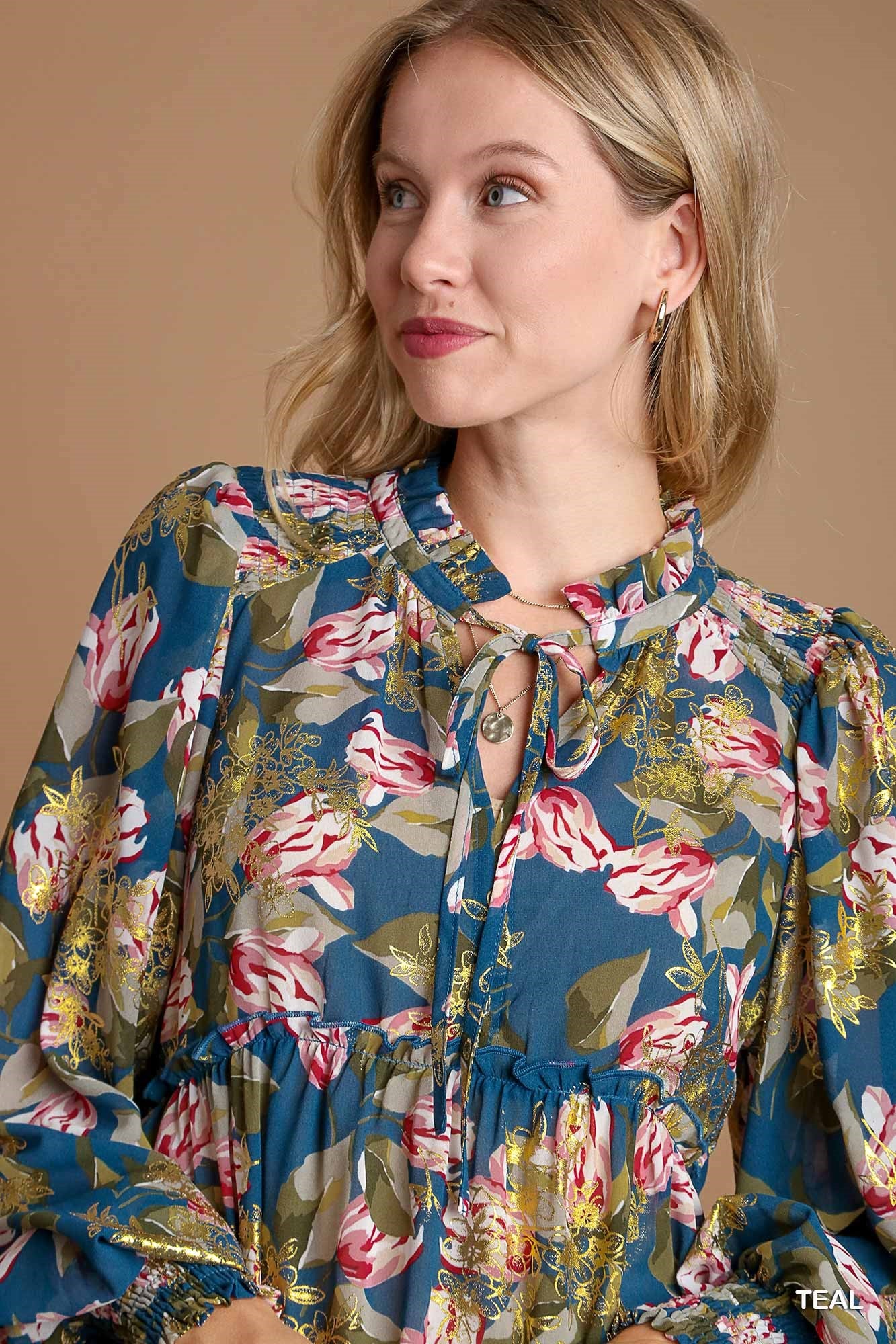 Teal Gold Foil Floral Printed Top with Tassels
