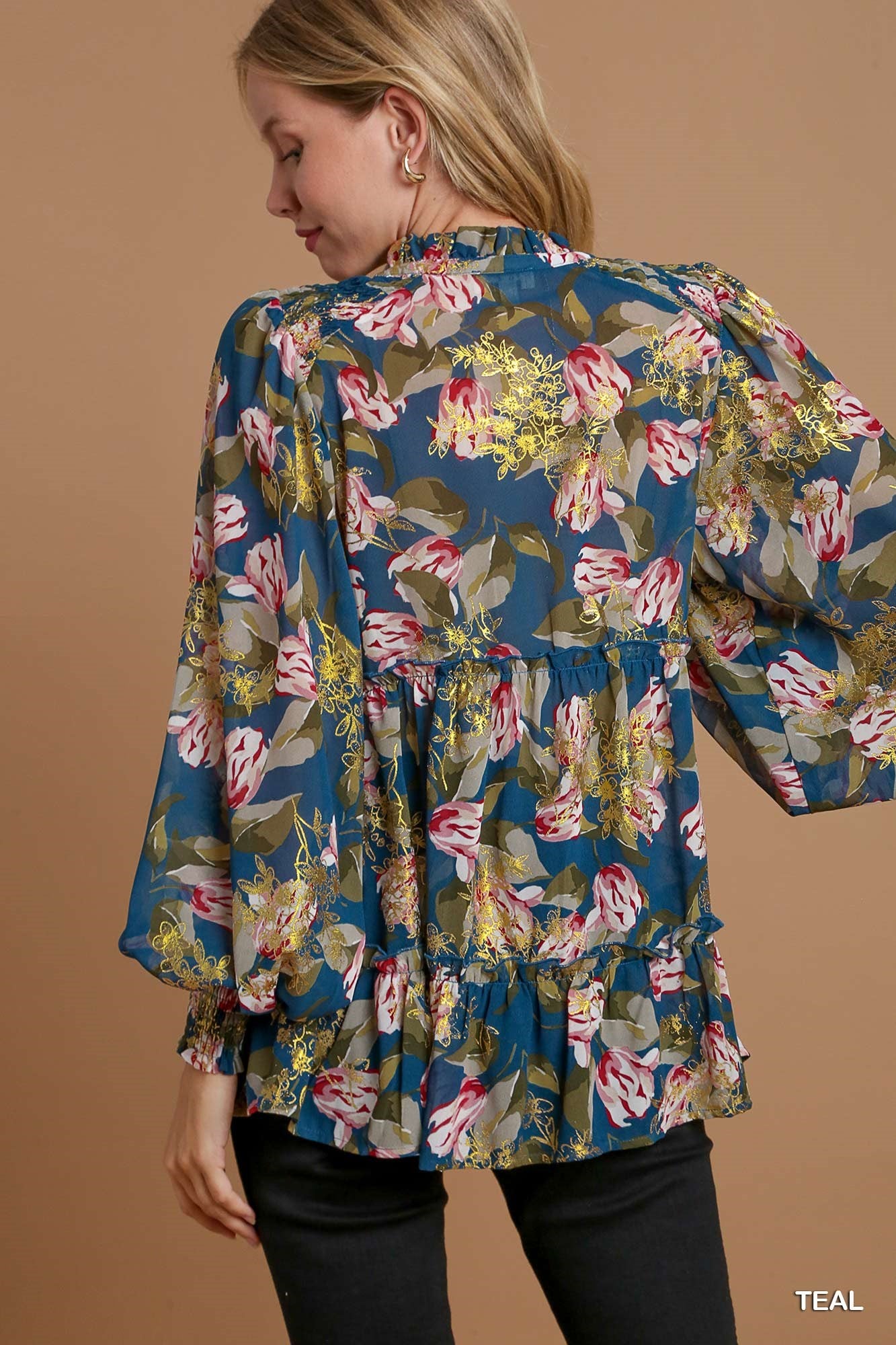 Teal Gold Foil Floral Printed Top with Tassels