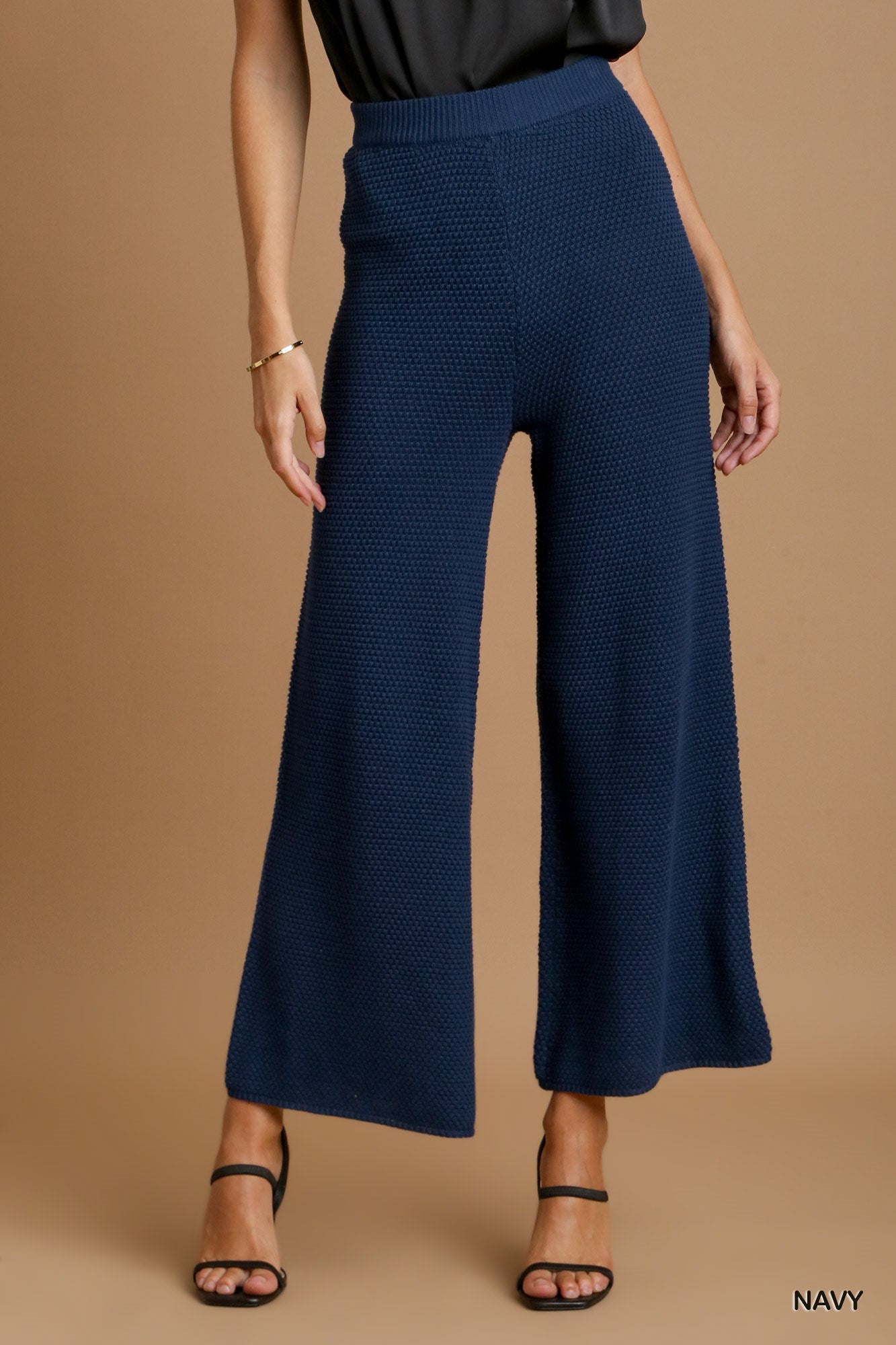 Navy Knitted Elastic Waistband Wide Leg Pants