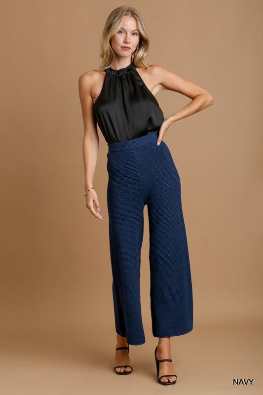 Navy Knitted Elastic Waistband Wide Leg Pants