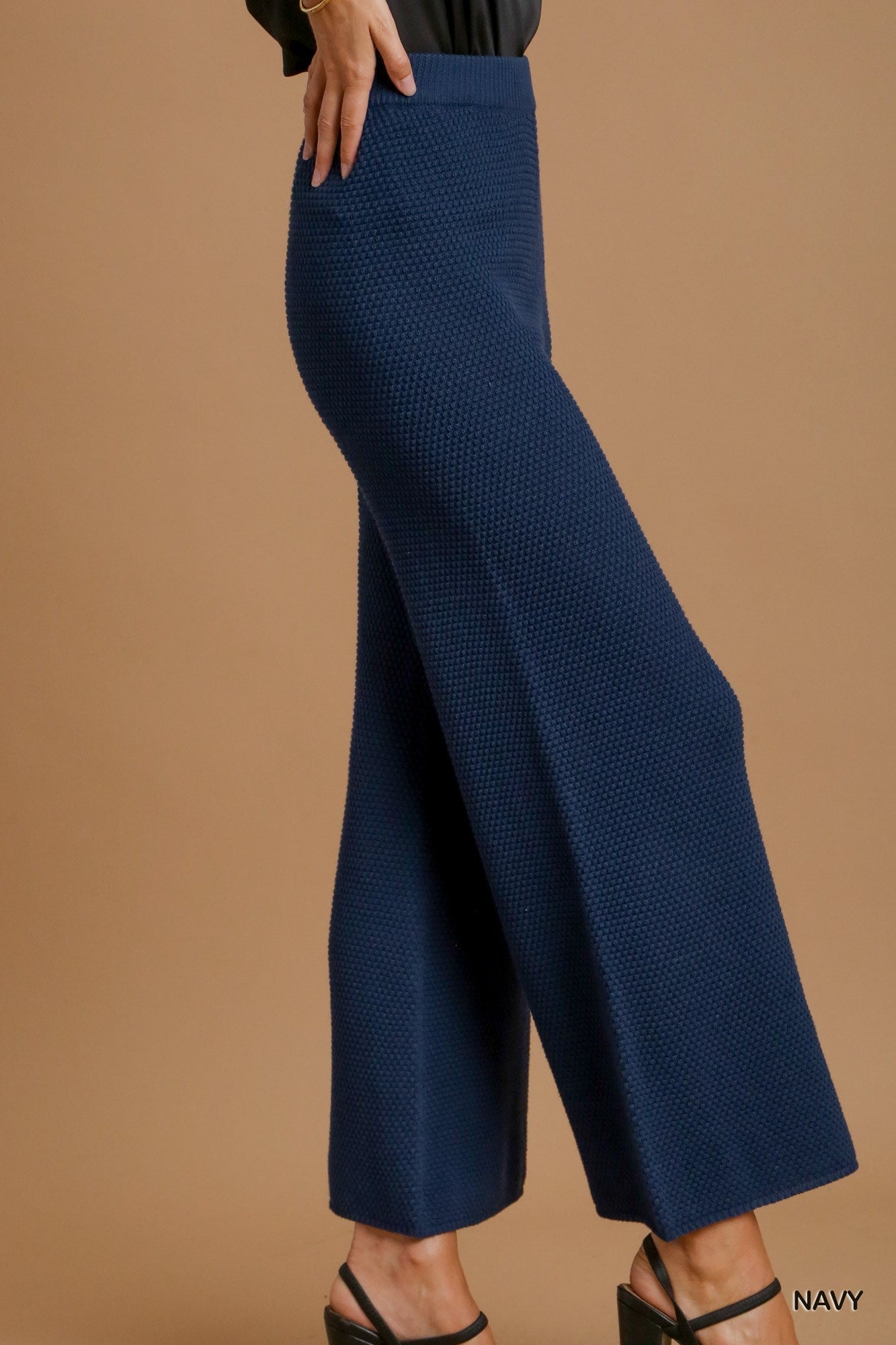 Navy Knitted Elastic Waistband Wide Leg Pants