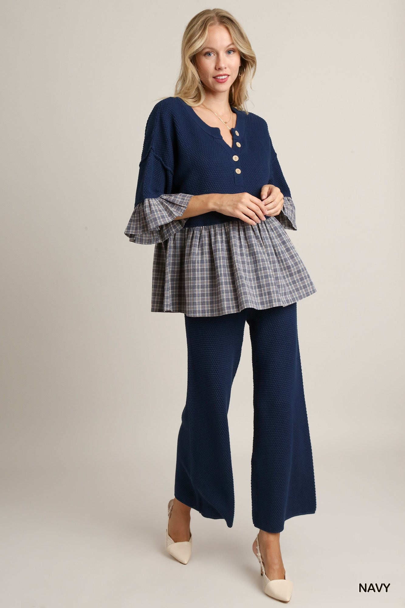 Navy Knitted Elastic Waistband Wide Leg Pants
