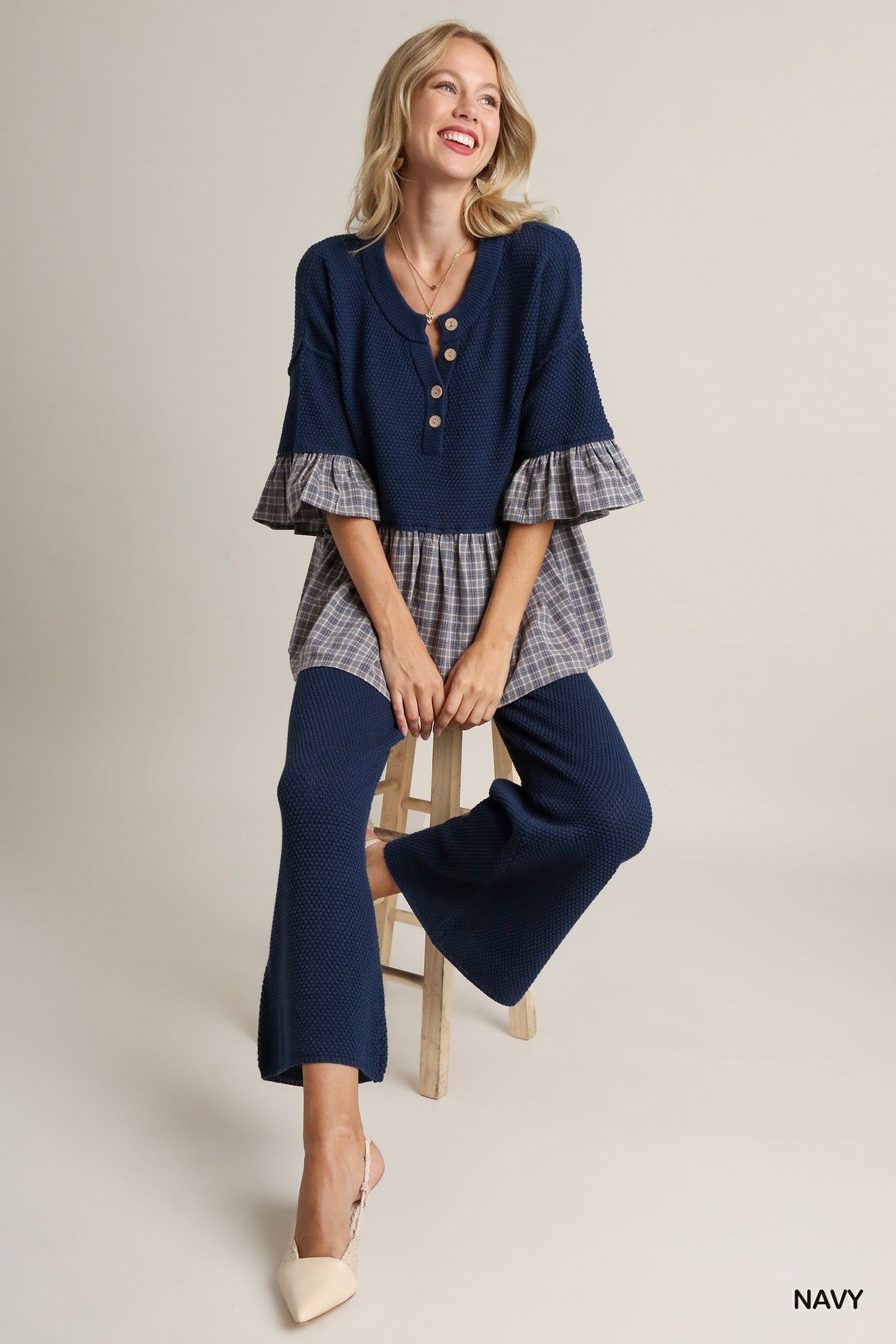 Navy Knitted Elastic Waistband Wide Leg Pants
